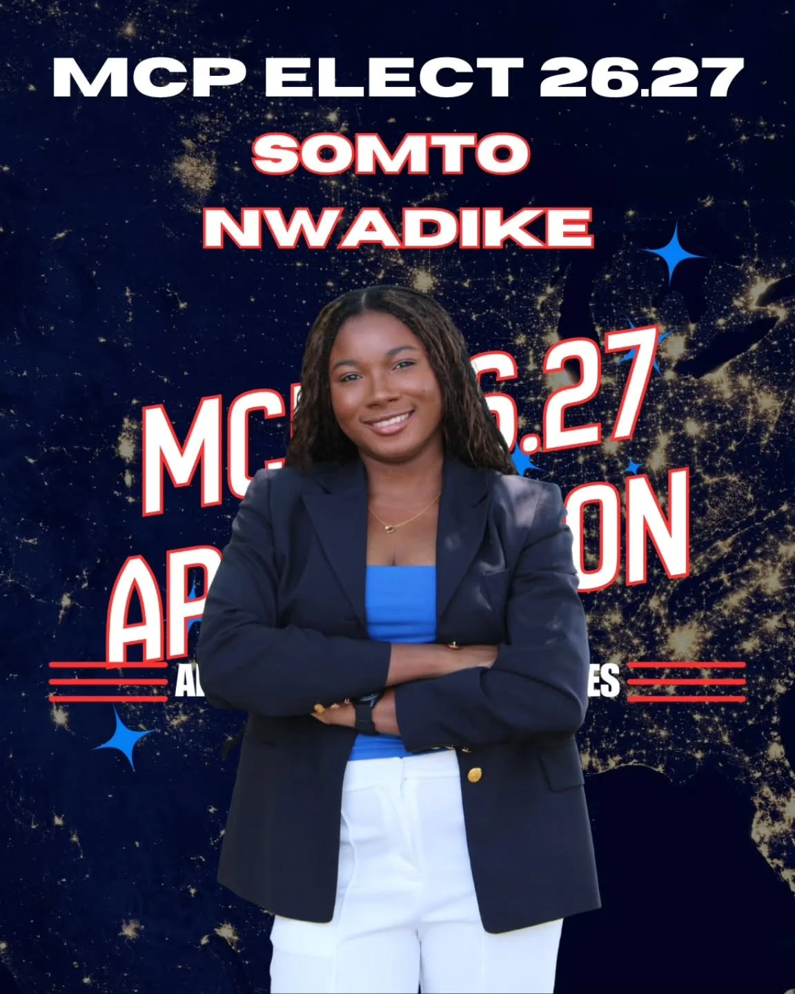 Dear national and global plenary,

We proudly present the Member Committee President for the 26.27 term of AIESEC in the United States: Somto Nwadike!

After water comes oxygen &mdash; a new breath, a new rhythm, a new chapter. With vision and courag