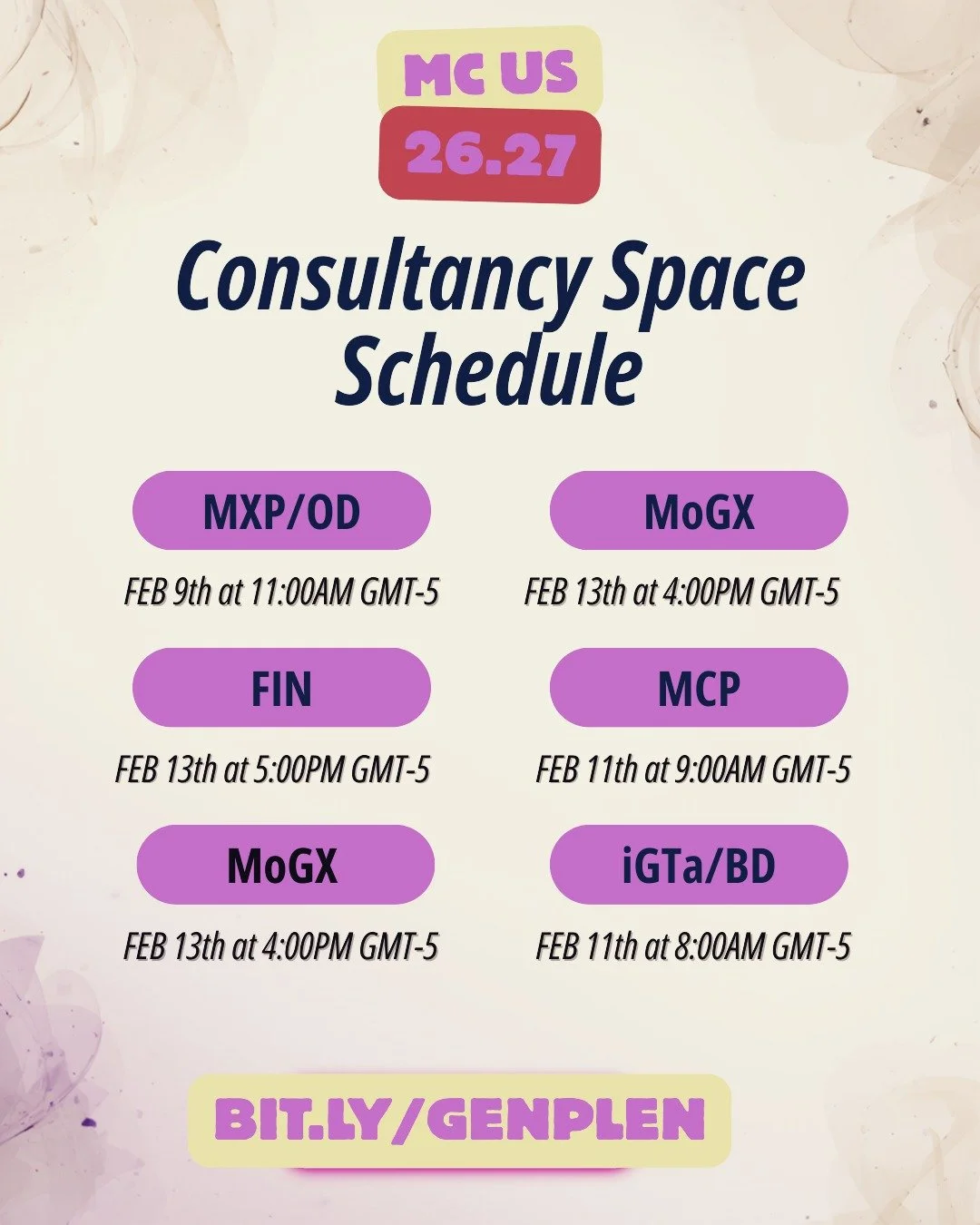HEY AIESEC! 🗣

Here is the schedule for the Consultancy Spaces for the MCVP 26.27 Application 🥳🥳

You can find the dates and times for each respective area, and each consultancy space will be hosted by their current MCVP. Each consultancy space wi