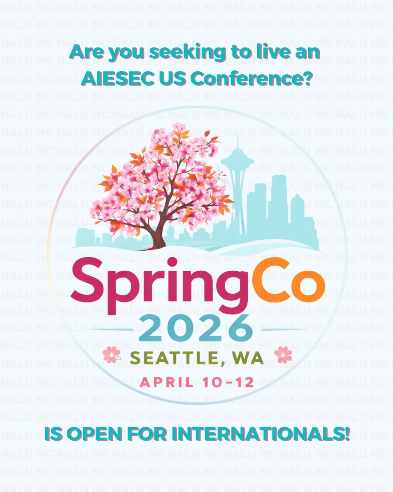 🌎✨ SpringCo 2026 is now open for internationals! Come join us in Seattle and experience the magic of AIESEC while connecting with changemakers from around the world. 💫

📖 More info: https://bit.ly/SpringCo2026-Intl

📝 Register now: https://bit.ly
