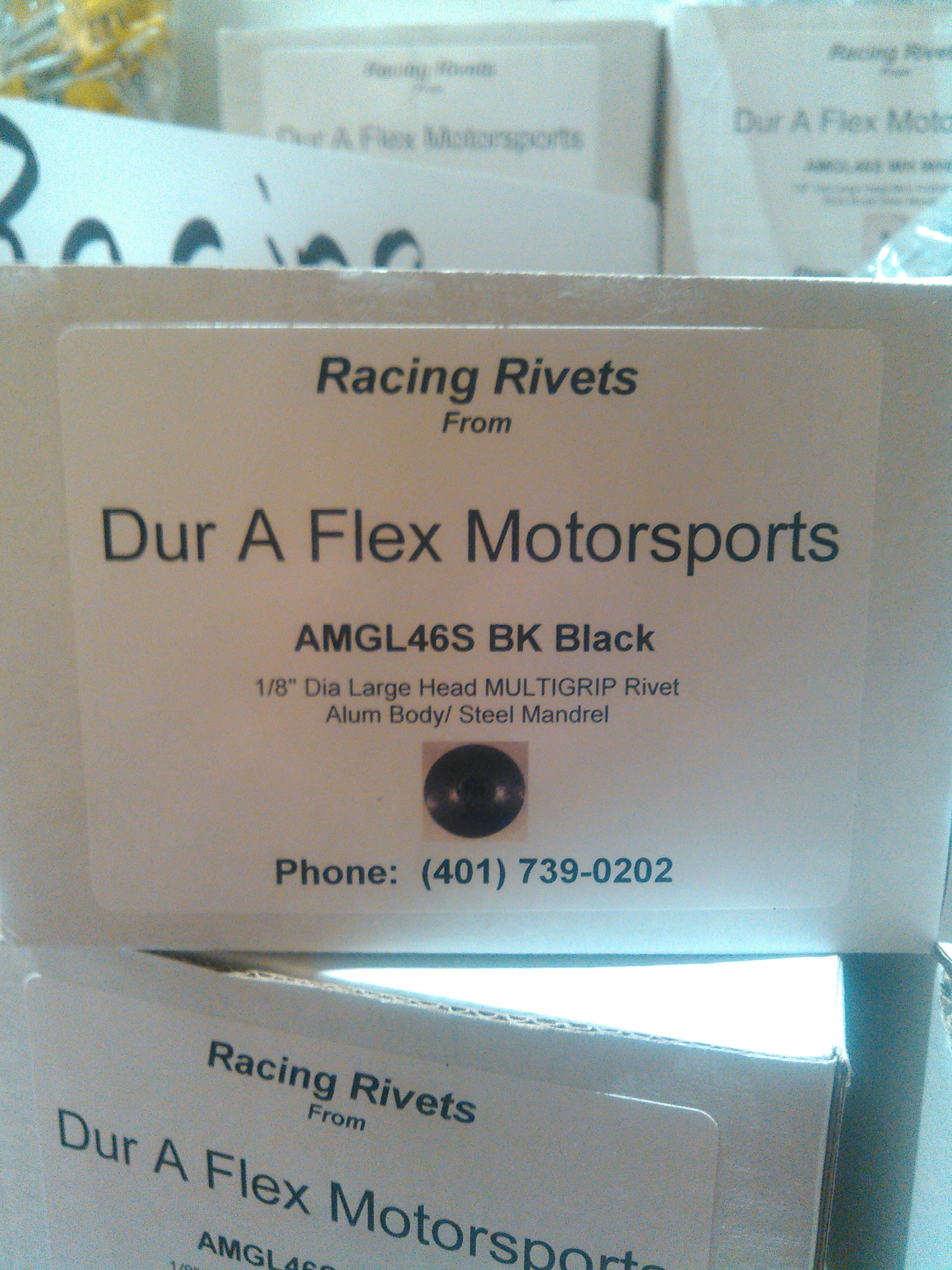 Dur-A-Flex is your one stop shop for Racing Rivets. We have many styles and colors in stock! 3/16 - Exploder (Tri-Fold) - White, Black, and Silver 3/16 - Regular - Black, White, Silver, Red, Blue, Yellow 1/8 - Regular - Black, White, Silver, Red