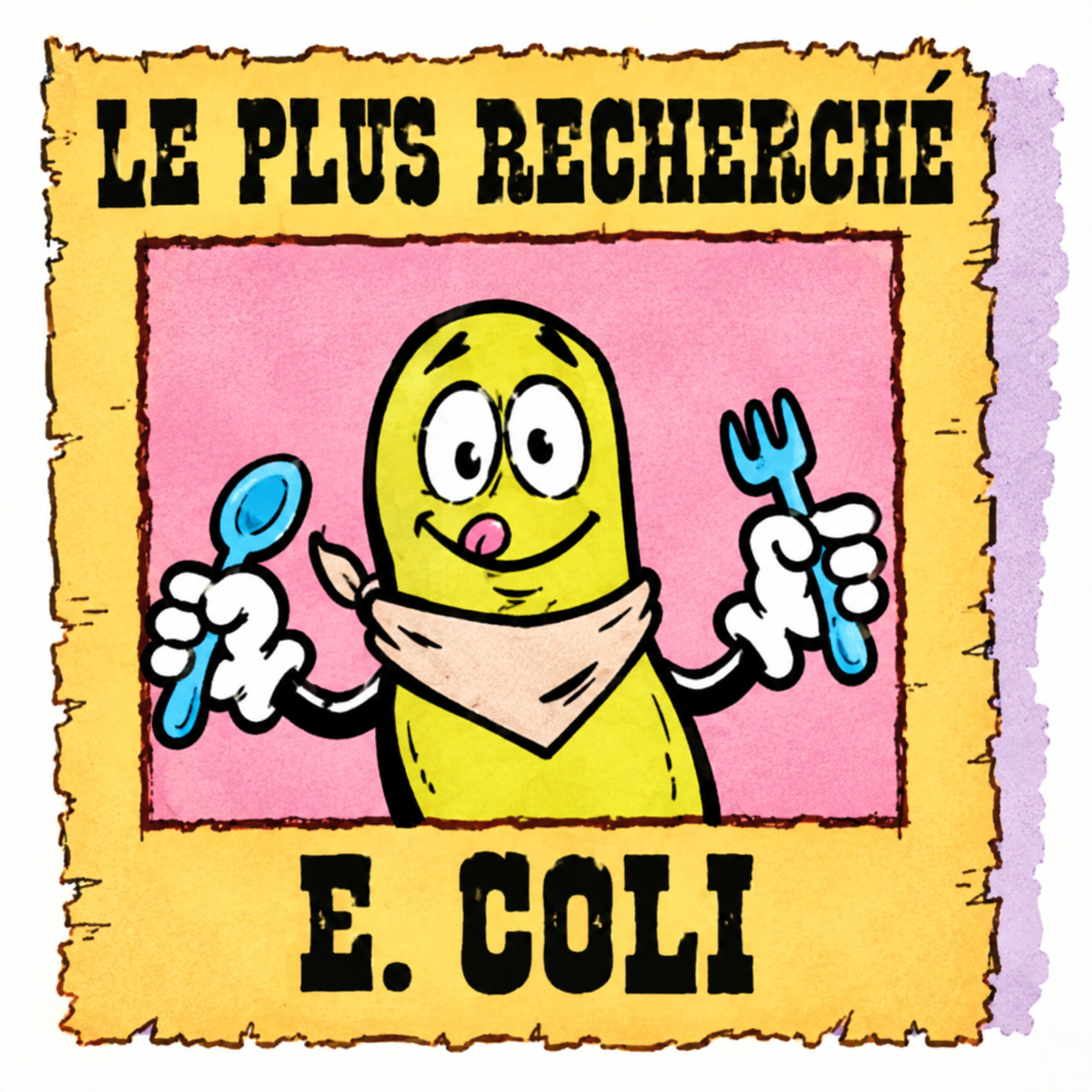 Une bactérie E. coli tient une cuillère et une fourchette sur une affiche « Le plus recherché ».