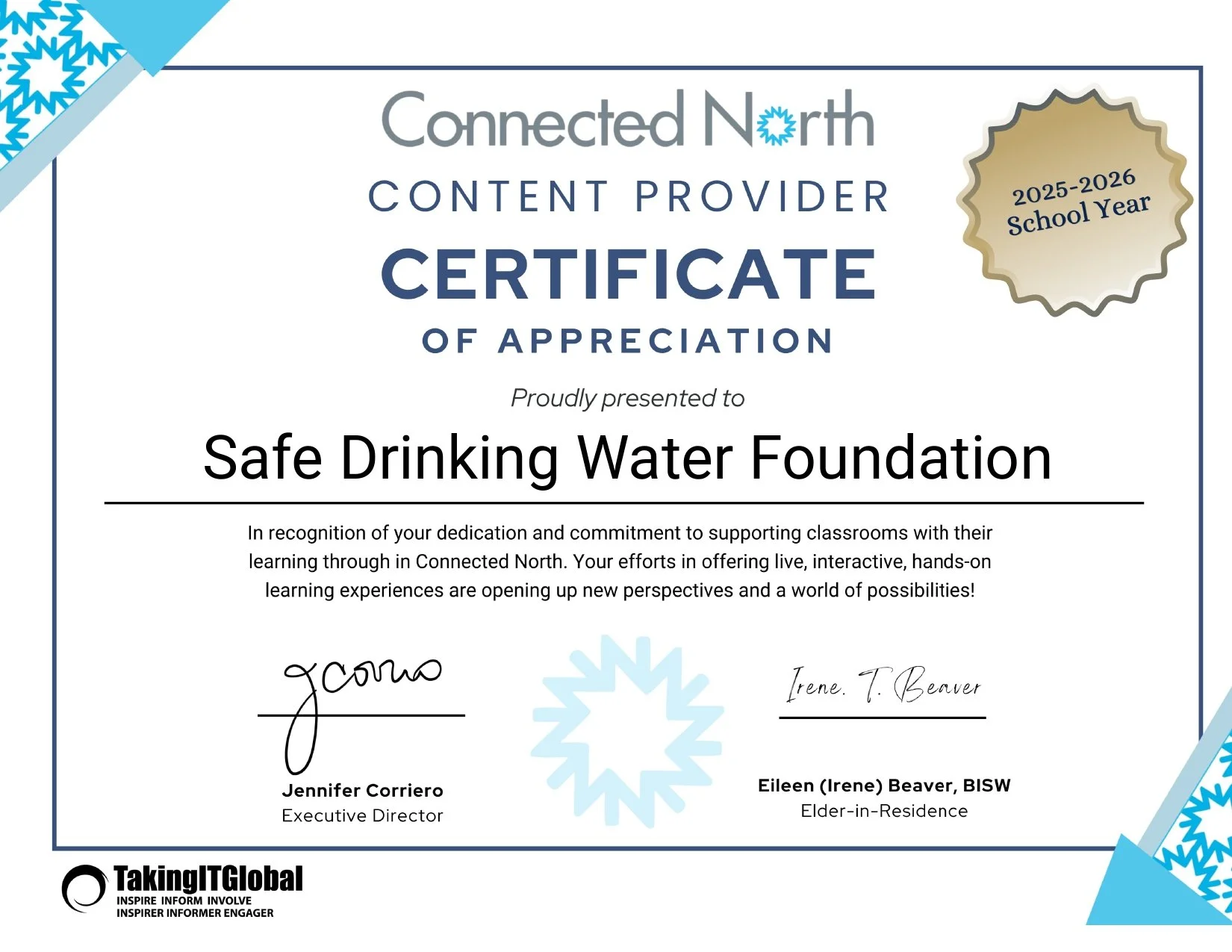 Certificate awarded to Safe Drinking Water Foundation from Connected North for being a Content Provider