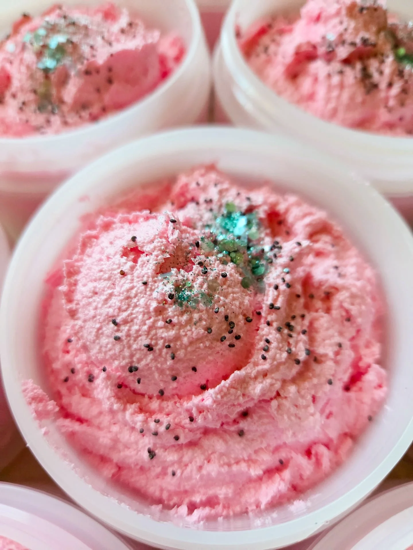 A scrumptious treat for your body! 
🍉Watermelon Weather🍉 sugar whipped soap scrub is a delicious scent blend of Watermelon, Cantaloupe, Honeydew + Sugar Crystals, very reminiscent of old school Watermelon Bubblicious Bubblegum.  My scrubs gently ex