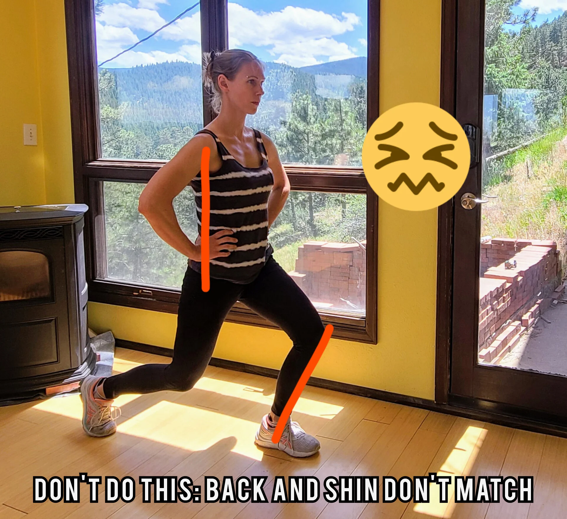 Robyn Fog is demonstrating poor form for split squats and lunges. The torso and front shin are not parallel and they are outline with red lines.