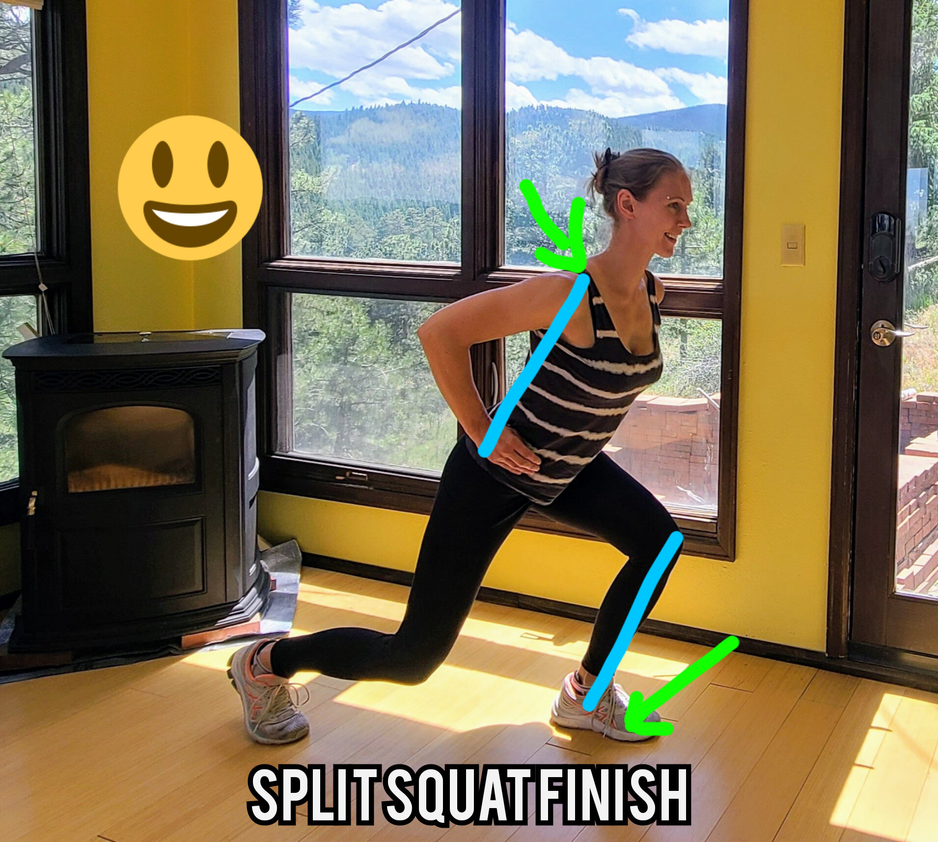 Robyn is posing at the bottom of a split squat with arrows and lines pointing out correct alignment. The picture title reads, “Split Squat Finish.”