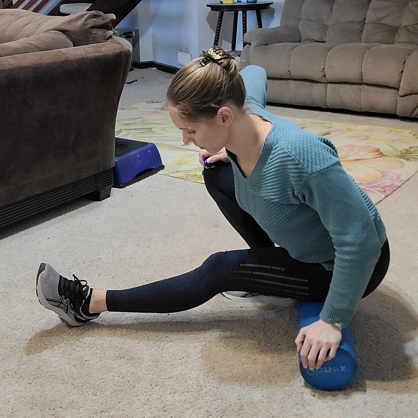 Side View of Foam Roller Hamstring Stretch