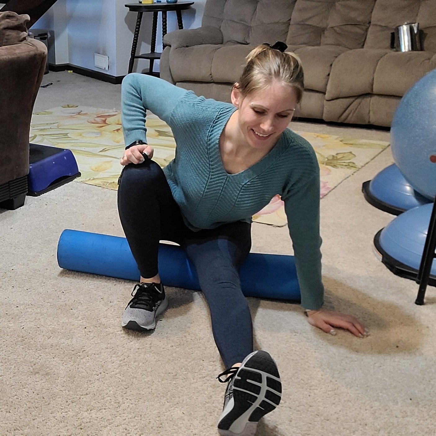 Front View of Hamstring Stretch with Foam Roller