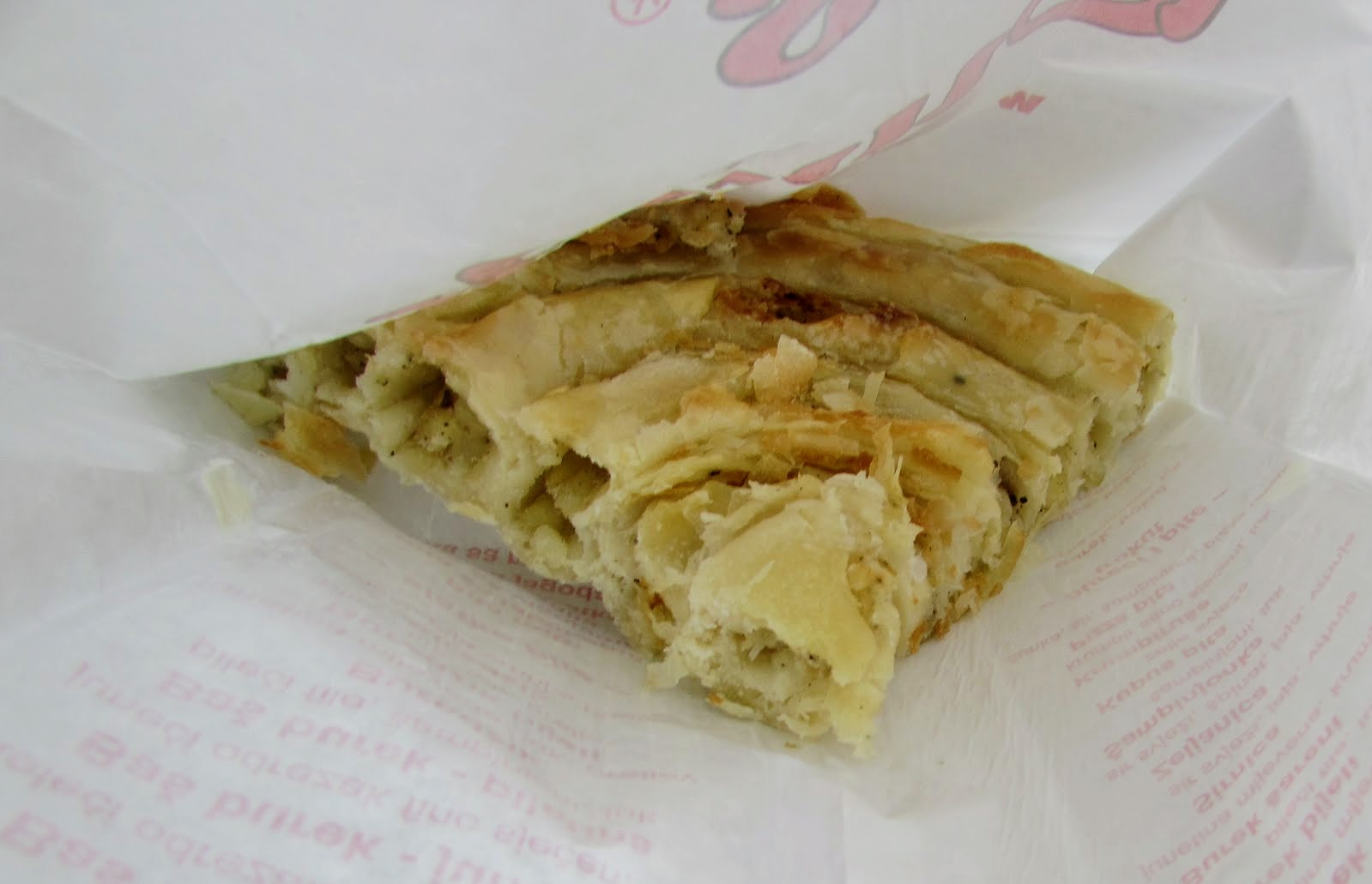 This is a potato burek slice from a bakery near Dolac Market in Zagreb.