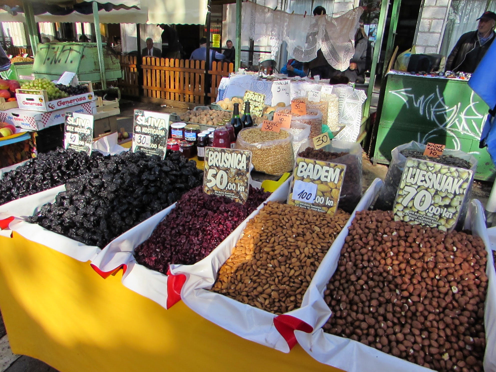 Nuts and dried fruit for sale at Pazar Market, Split.