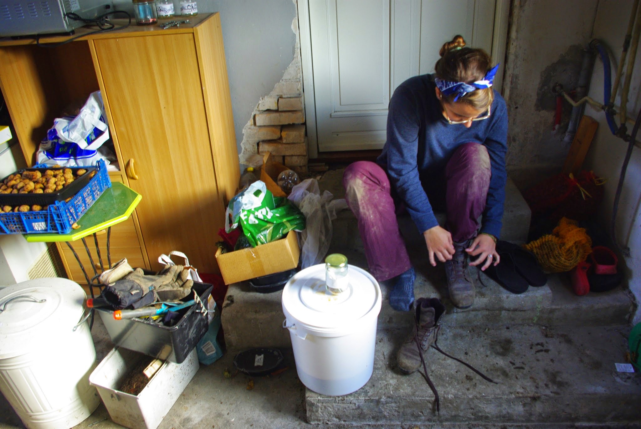 Lacing up my boots for a day of garden work in Denmark.
