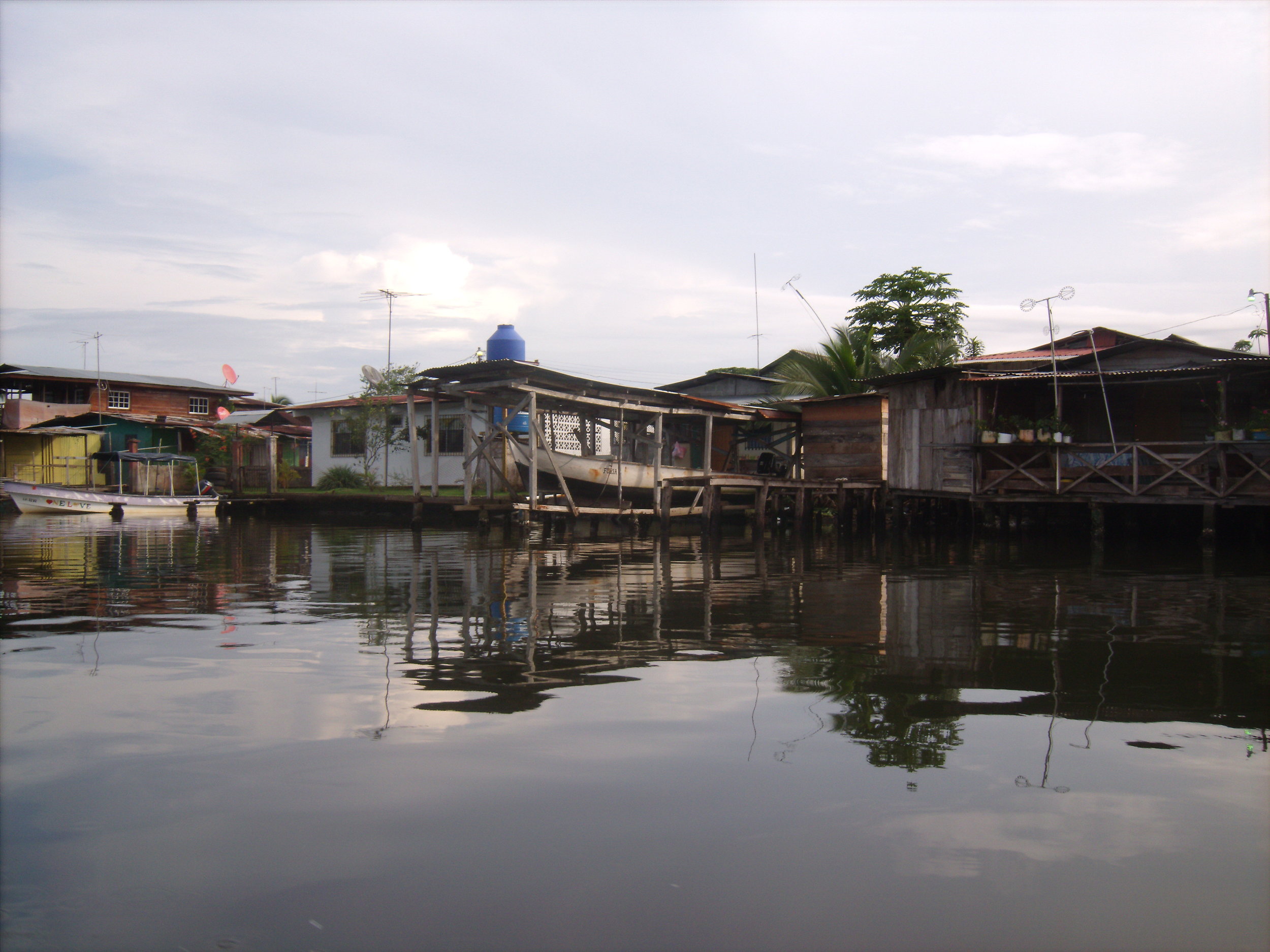 Buildings on stilts along the coast of Almirante, Panama.