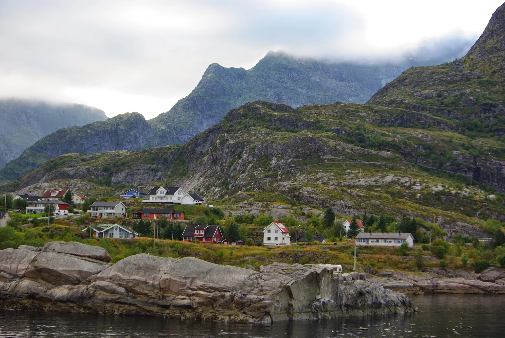 The picturesque little town of Moskenes, as seen from the ferry.