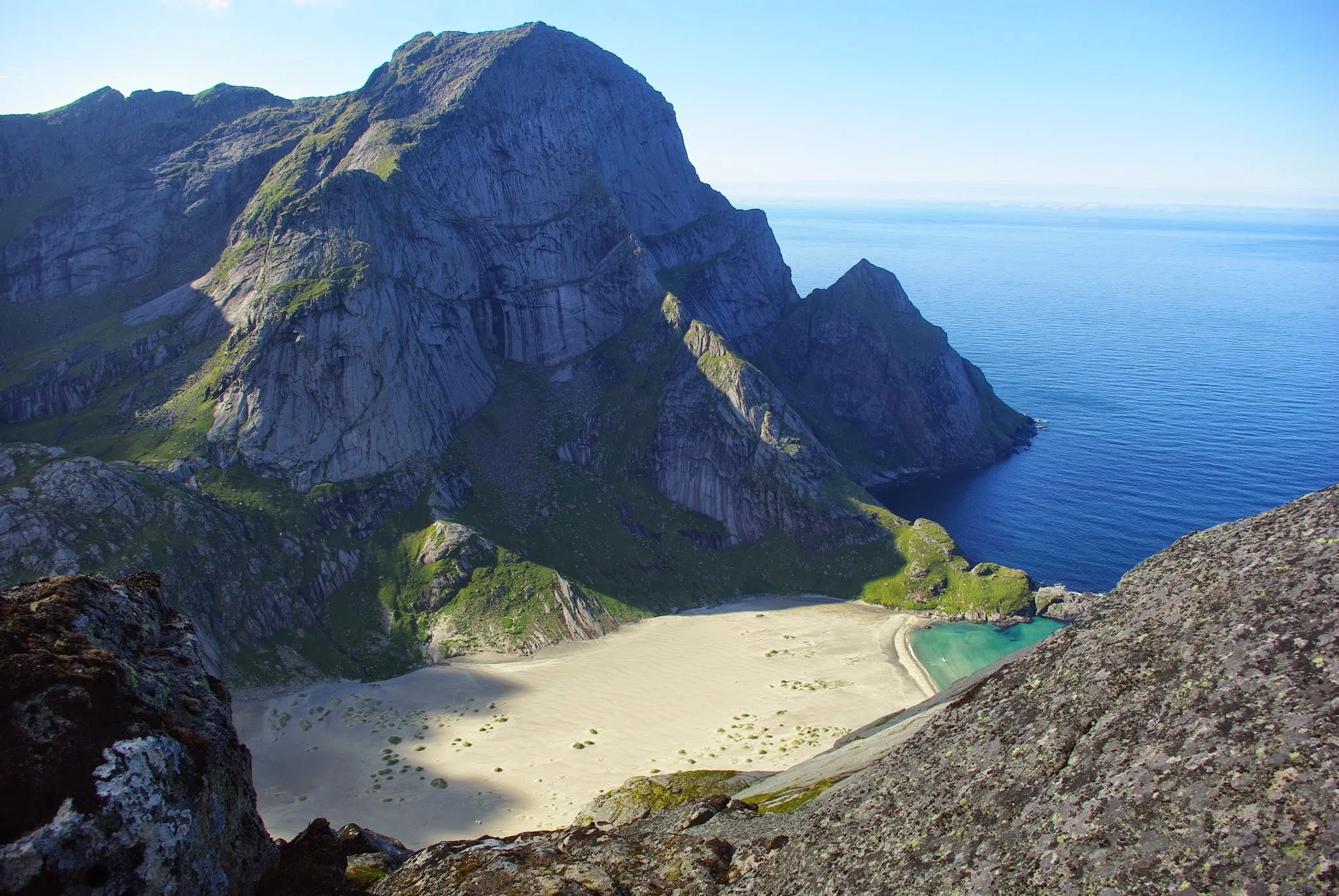 Bunes Beach as seen from the bottom of the rockface on Helvetestinden.