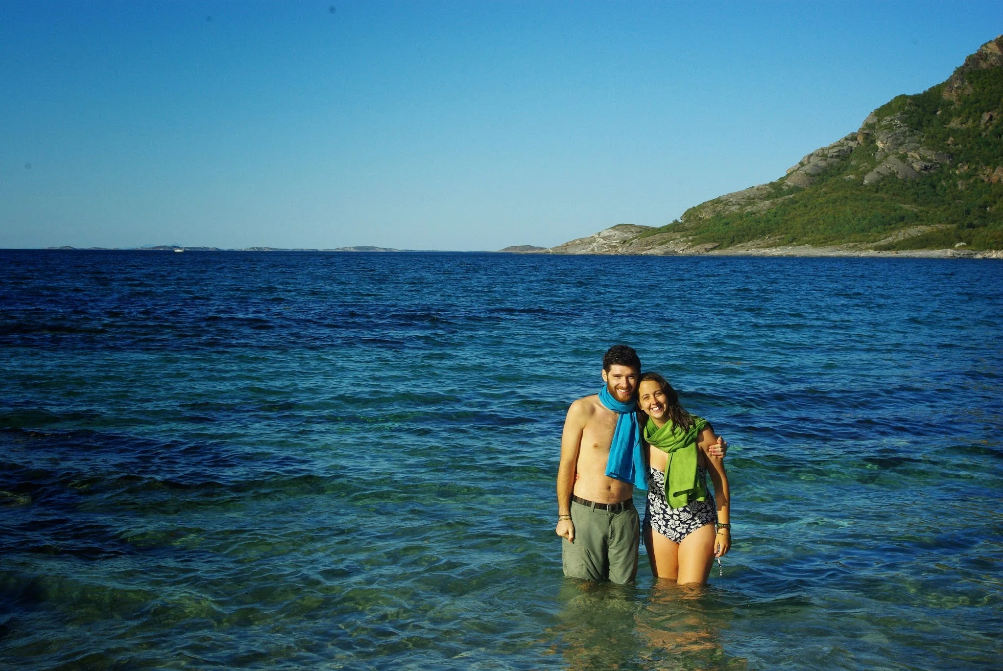 Standing in the frigid Norwegian Sea at Mjelle like true vikings.