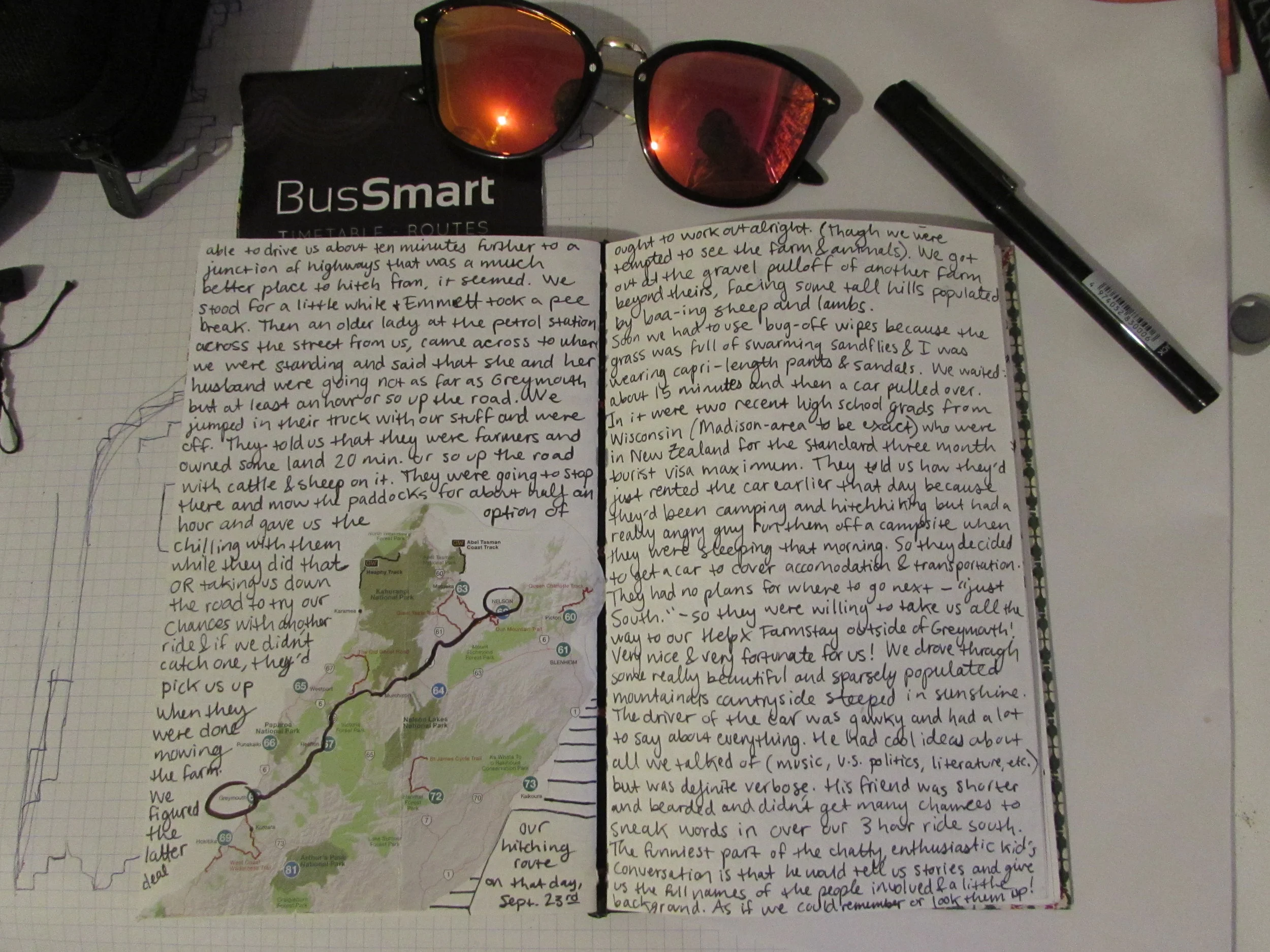 An entry in my first journal of the New Zealand trip featuring a map of the top half of the South Island with a drawn line noting our hitch-hiking route for that day.