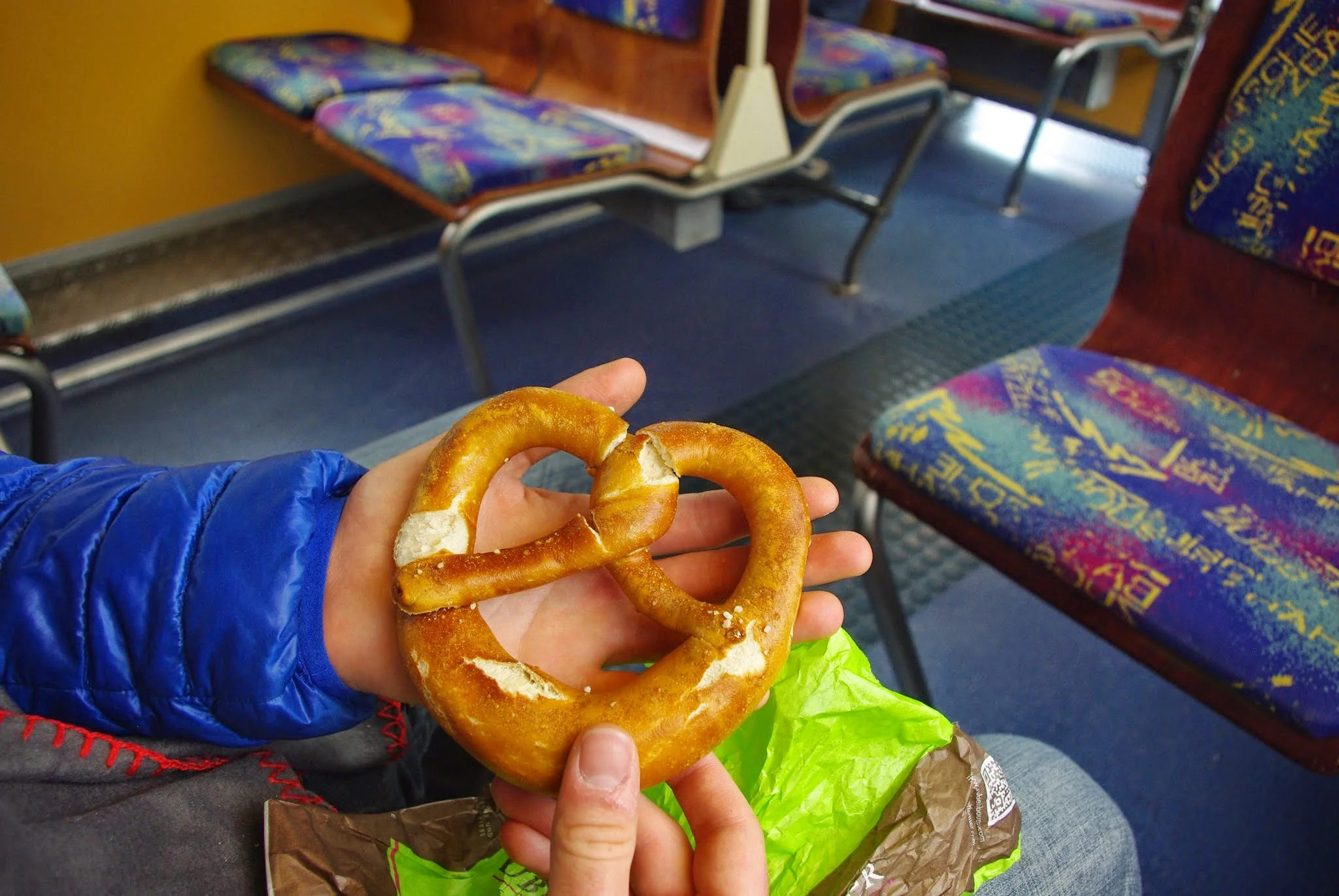 A very Bavarian scene: a pretzel on the cogwheel train up to the plateau, the Zugspitzplatt.