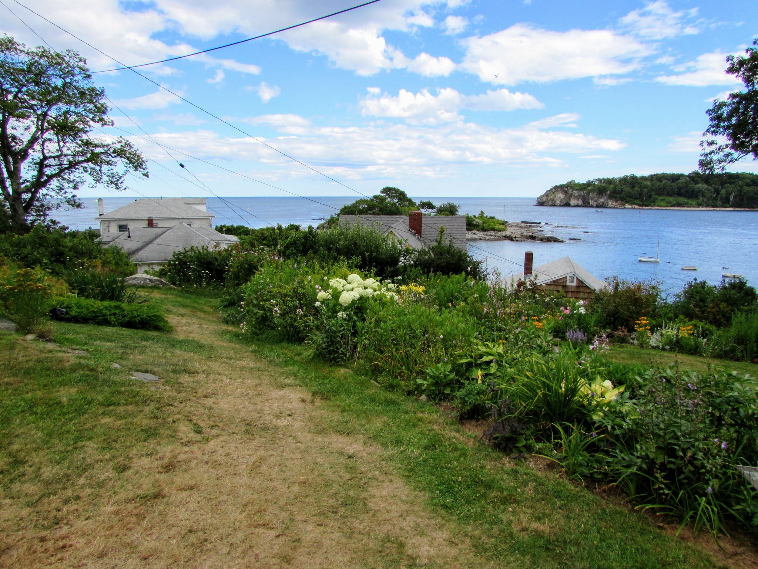 Summer homes with picture-perfect views dot the coast of Peaks Island, separated by grassy pathways.