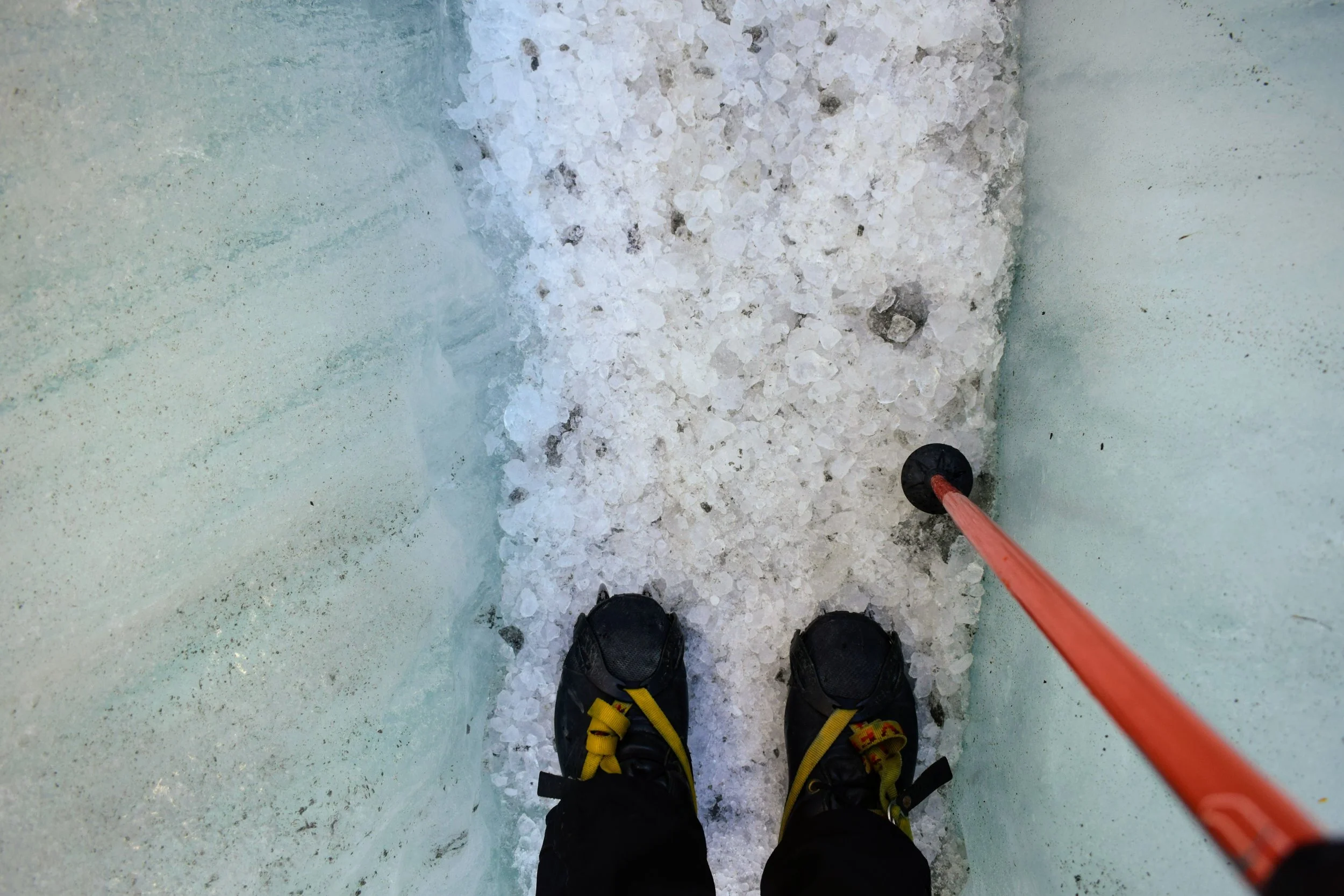 One of many chipped ice crevasse trails made by our guides.