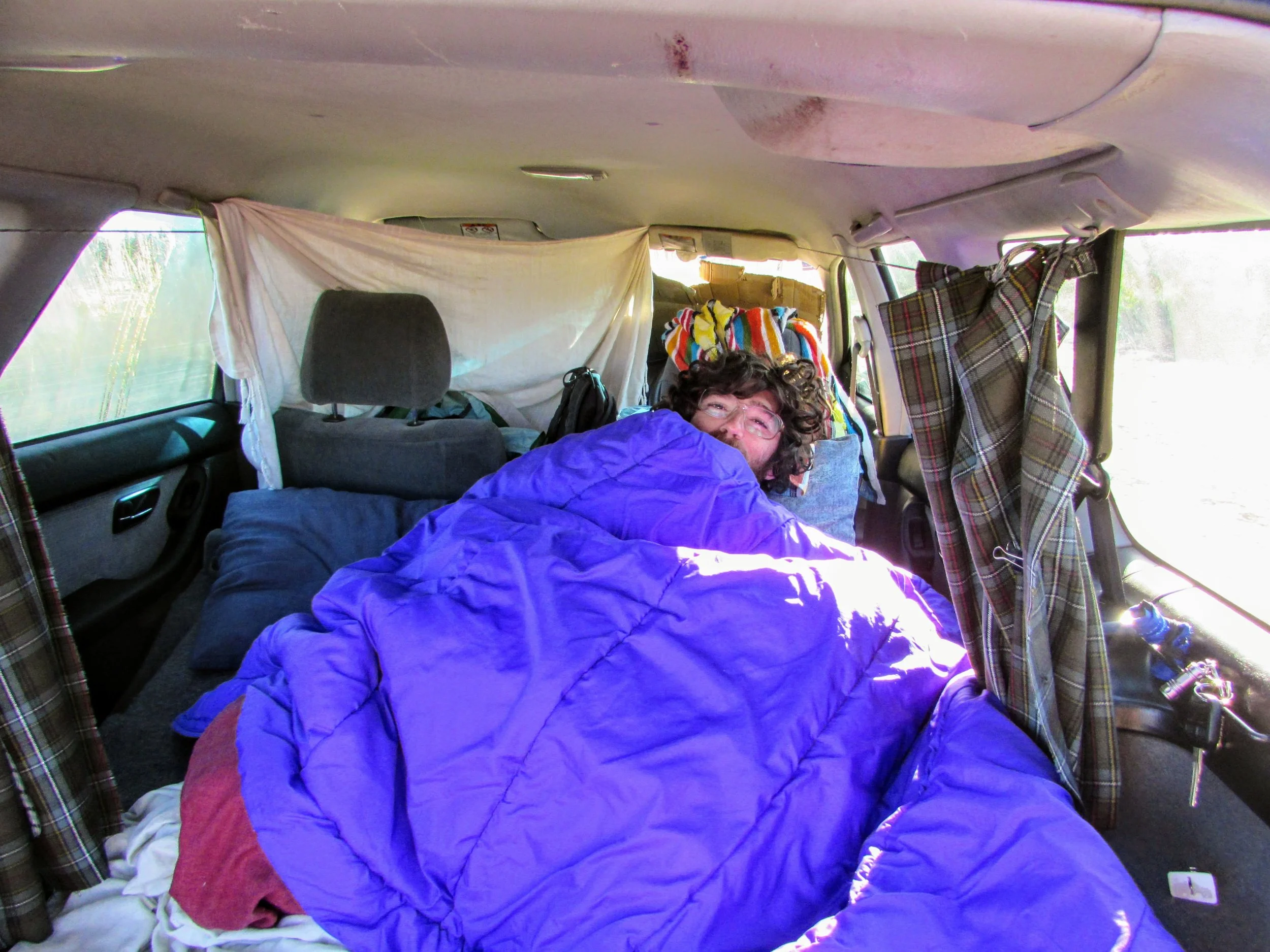 Emmett looking startled in the back of the car first thing in the morning. Note our DIY curtains and the big purple sleeping bag.