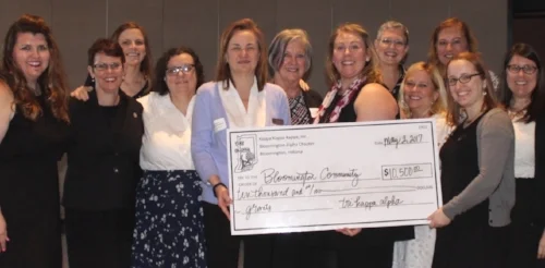 Pictured: 2015-2017 Tri Kappa Officers with Inaugural Tri Kappa Grant Recipients. L-R: Megan Parmenter, Catharine Rademacher with Theatre South, Shelby Turner, Donna Lafferty with Bloomington Symphony Orchestra, Marilyn Wood with Monroe County Public Library, Marty Schick with Community Kitchen of Monroe County, Patricia Surfus Smith, Gwen Witten Upchurch with Sounds of South, Andrea Cockerham, Amanda Burnham, Chelsea Jones and Melissa Kish.