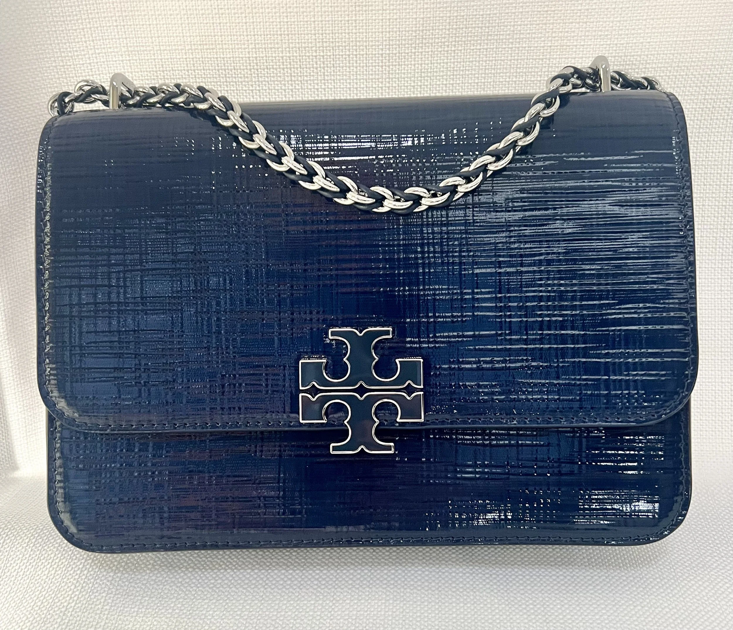 Tory Burch Navy Britten Textured Small Shoulder/Crossbody, $600