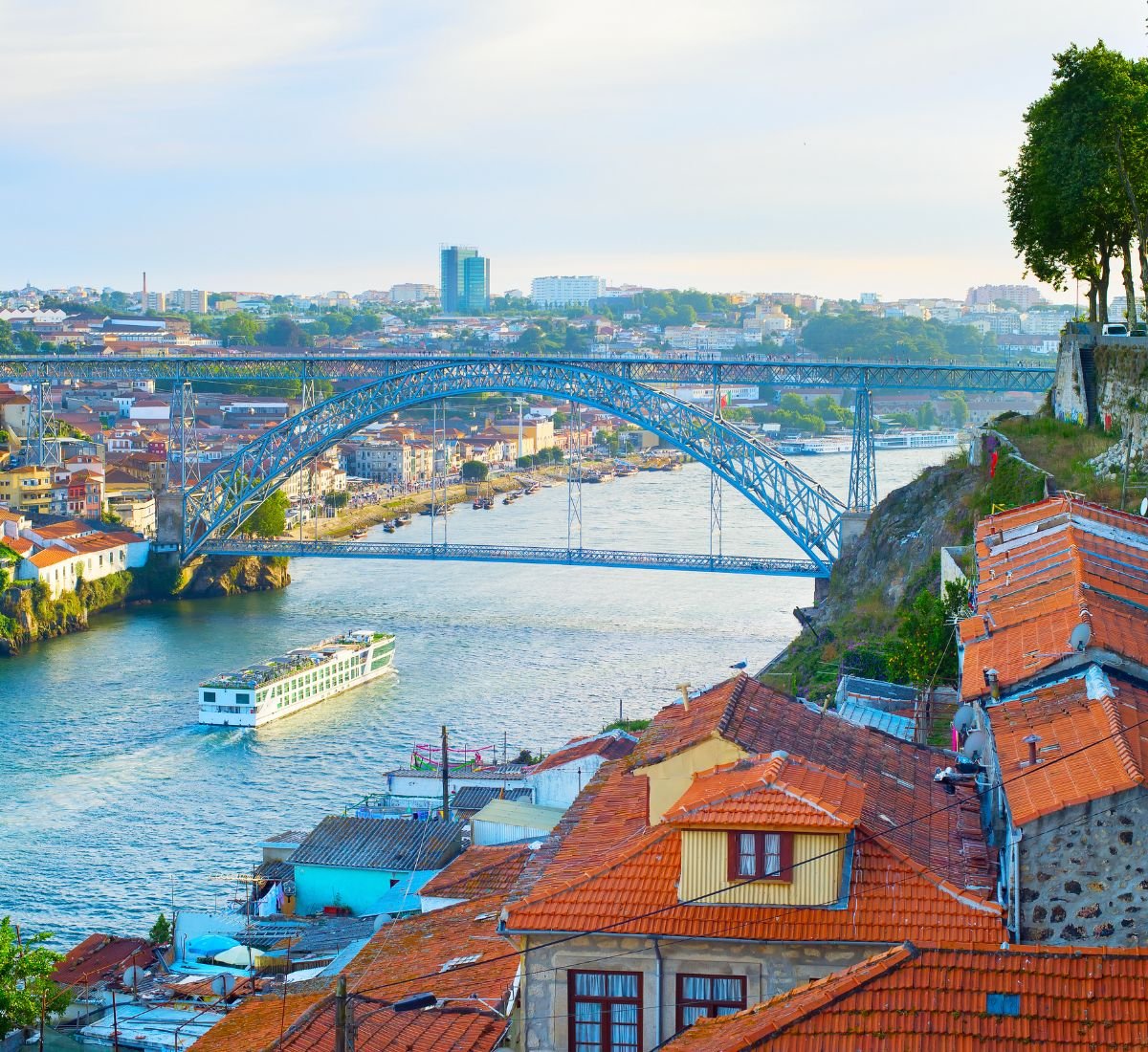 A Viking river cruise ship on a European river