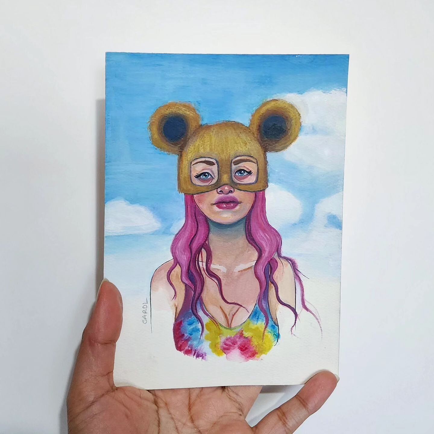 She's got bears 🐻 on her mind 🌦 #carolroque #shoplocalart #instababez #pinkhaired #bearlife #brokebot @brokeneyeball watercokor, goauche, and ink on paper, 5 x 7 inches.