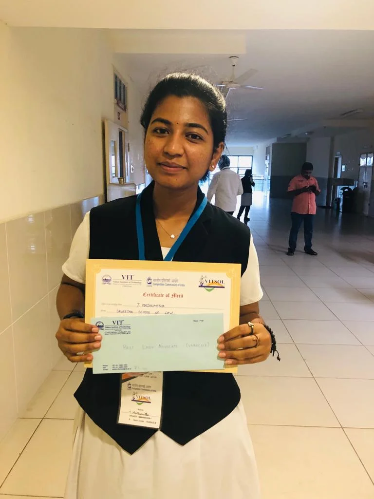 Best Lady Advocate in VITSOL, National Moot Court Competition At VIT School of law, Chennai