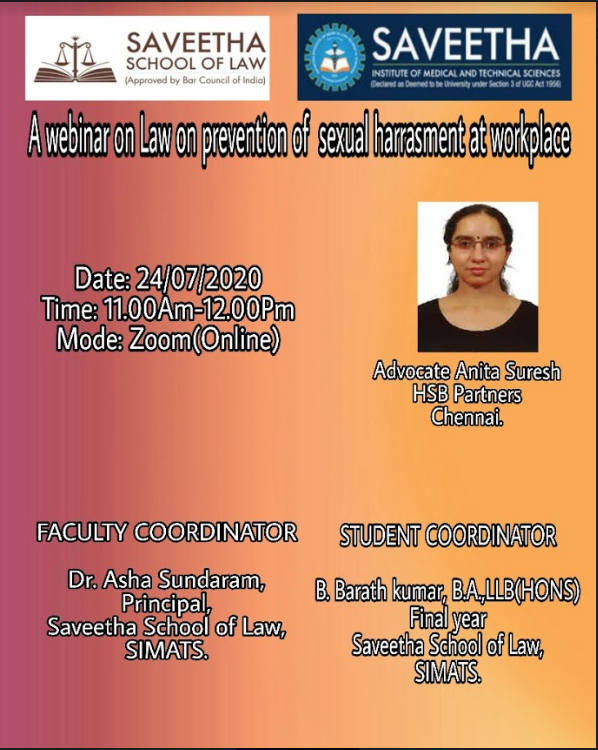 A WEBINAR ON LAW ON PROTECTION OF SEXUAL HARRASMENT AT WORKPLACE By ADVOCATE ANITA SURESH