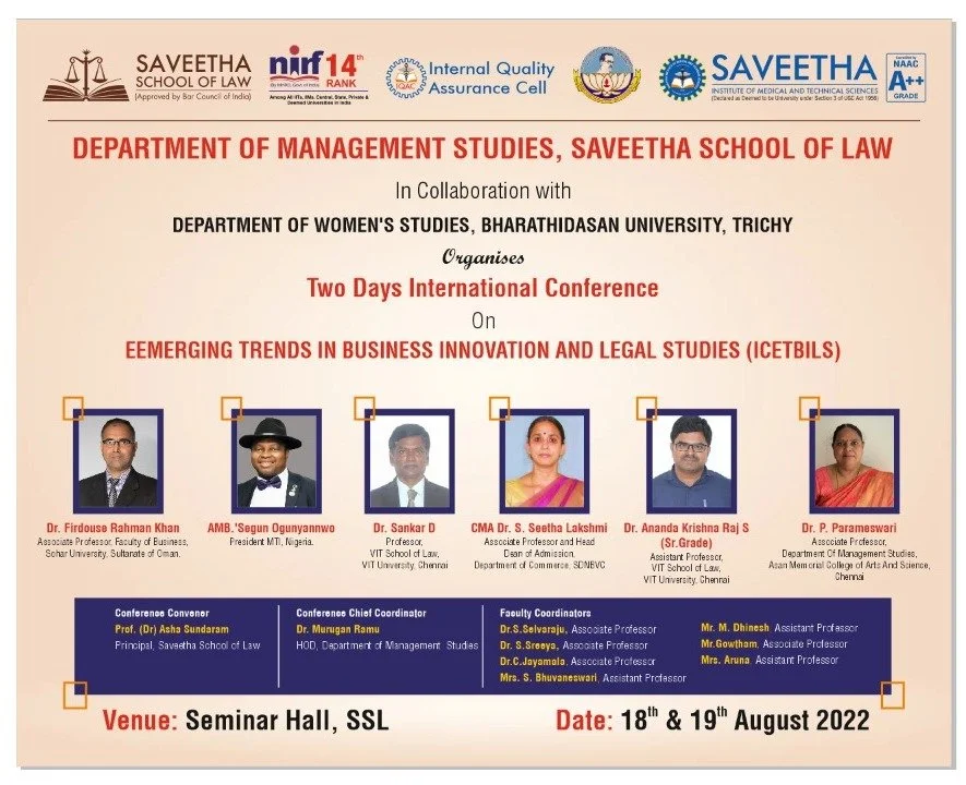 Two days International Conference  On  Emerging Trends in Business Innovation and Legal Studies (ICETBILS)