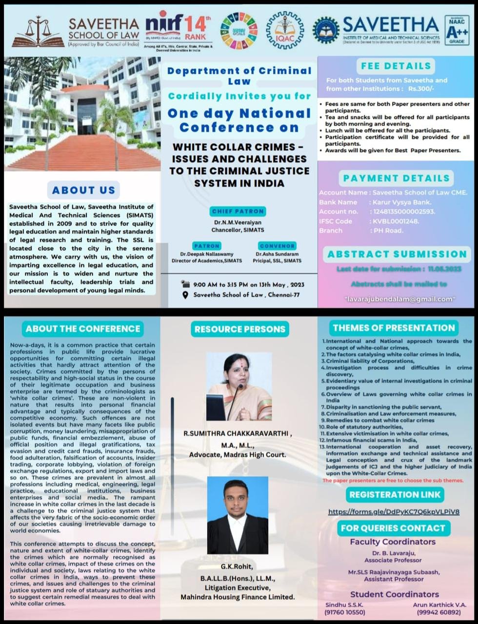 National Conference on White Collar Crimes - Issues and Challenges to the Criminal Justice System in India” 