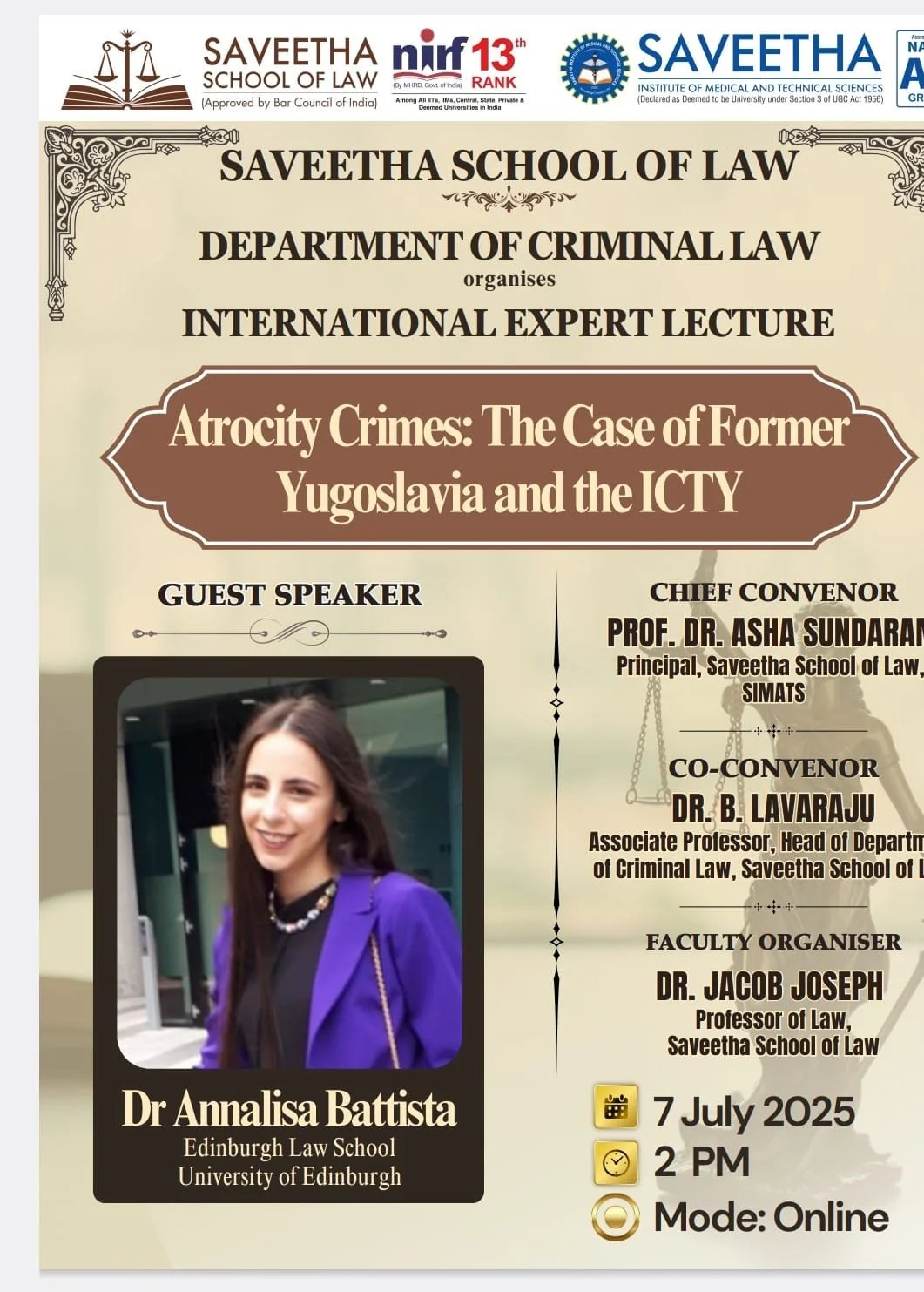  International Online Expert Lecture on Atrocity Crimes: The Case of Former Yugoslavia and the ICTY