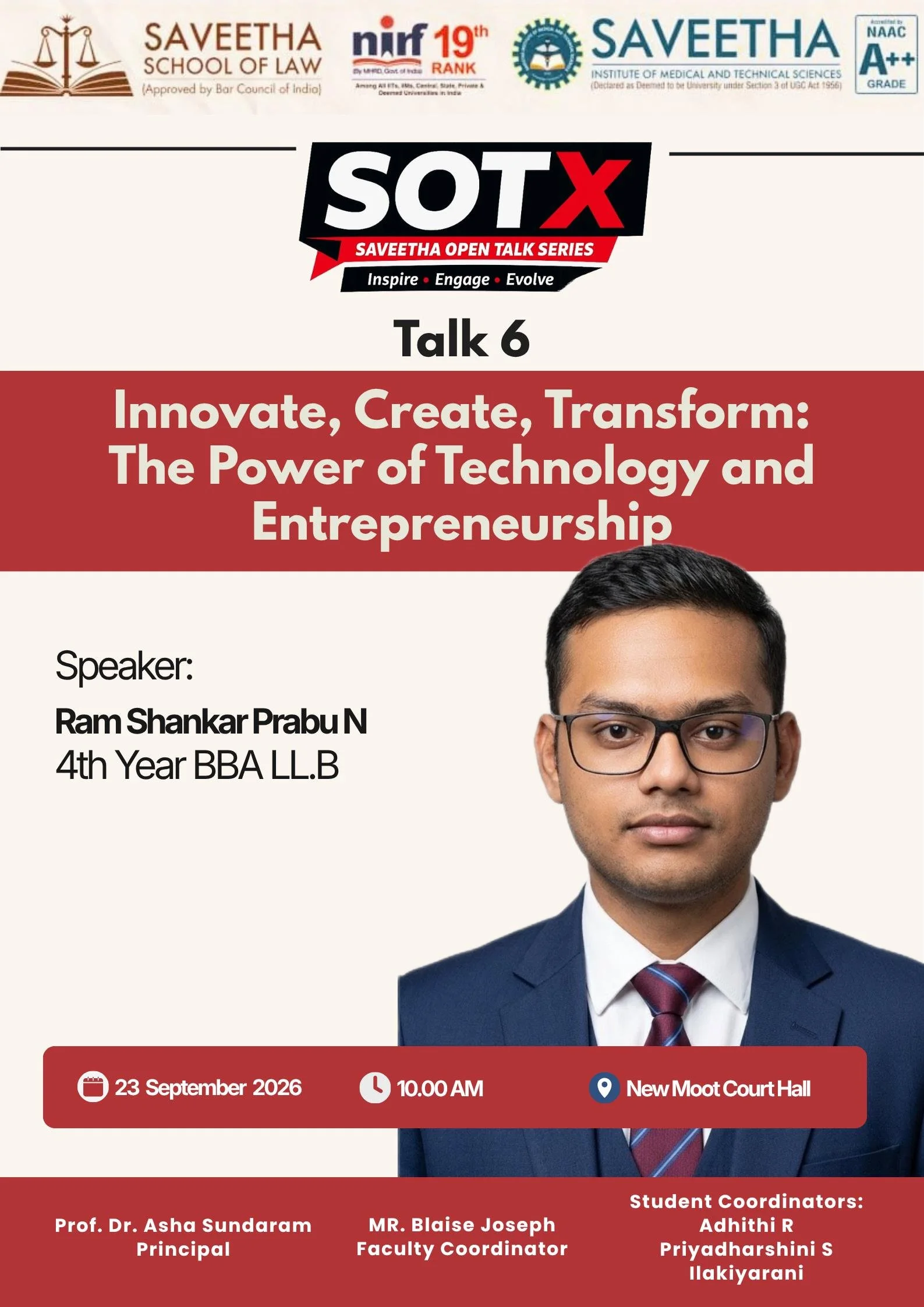 6th Session of the Saveetha Open Talk Series (SOTX) 