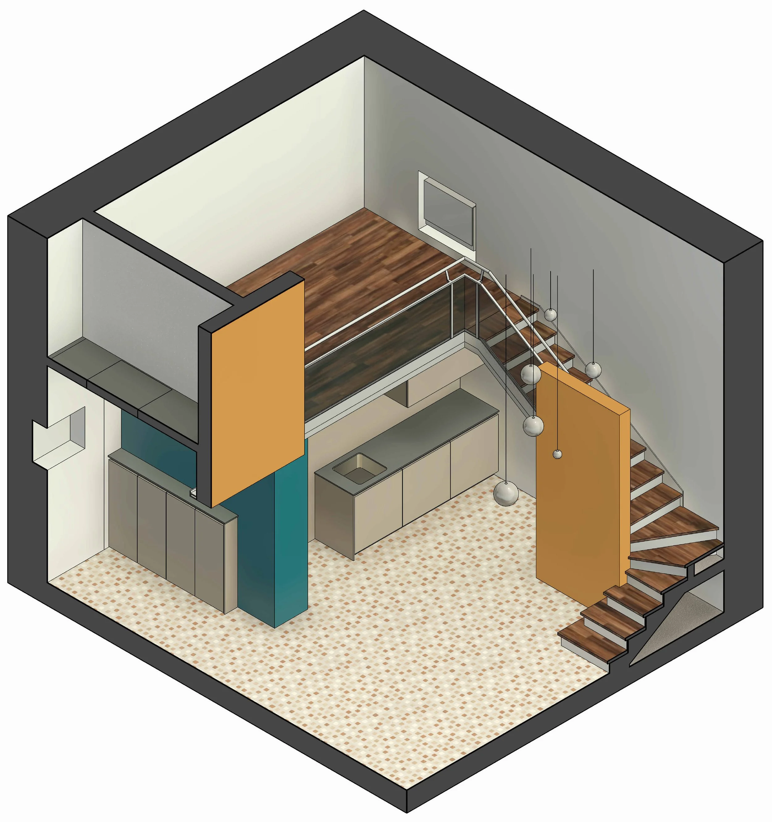 Assonometria di progetto dell'appartamento, in evidenza setti colorati, soppalco e scala, Farina Loft, Cagliari