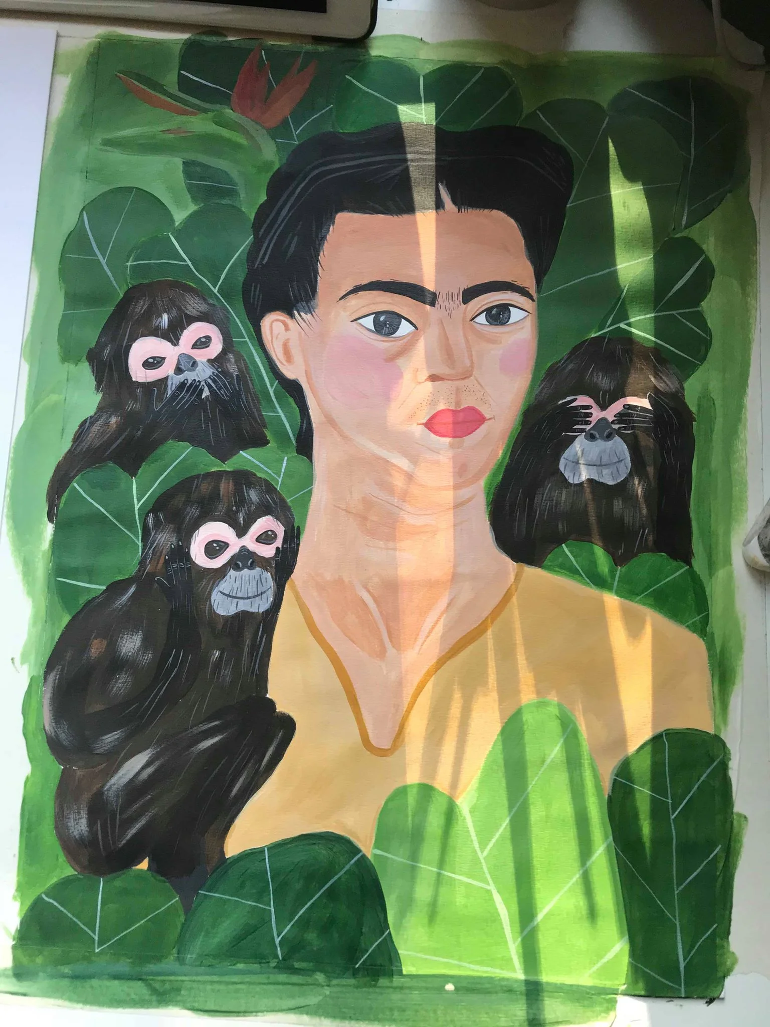 Painting in progress / Frida and the three wise Monkey's 