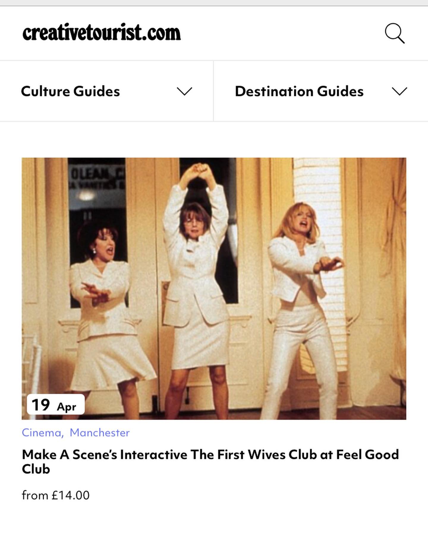 IN THE NEWS! Thanks to @visitmanchester and @creativetourist for featuring our next interactive screening event THE FIRST WIVES CLUB on your sites! We&rsquo;re counting down to Friday 19th April at @visitfeelgoodclub !! Going to be mega! 

Tickets st