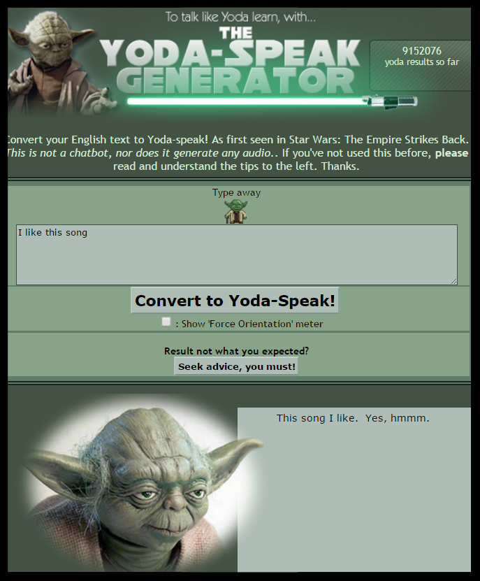 I Like This Song "Yoda-style" - Screengrab from Yoda Speak Generator 