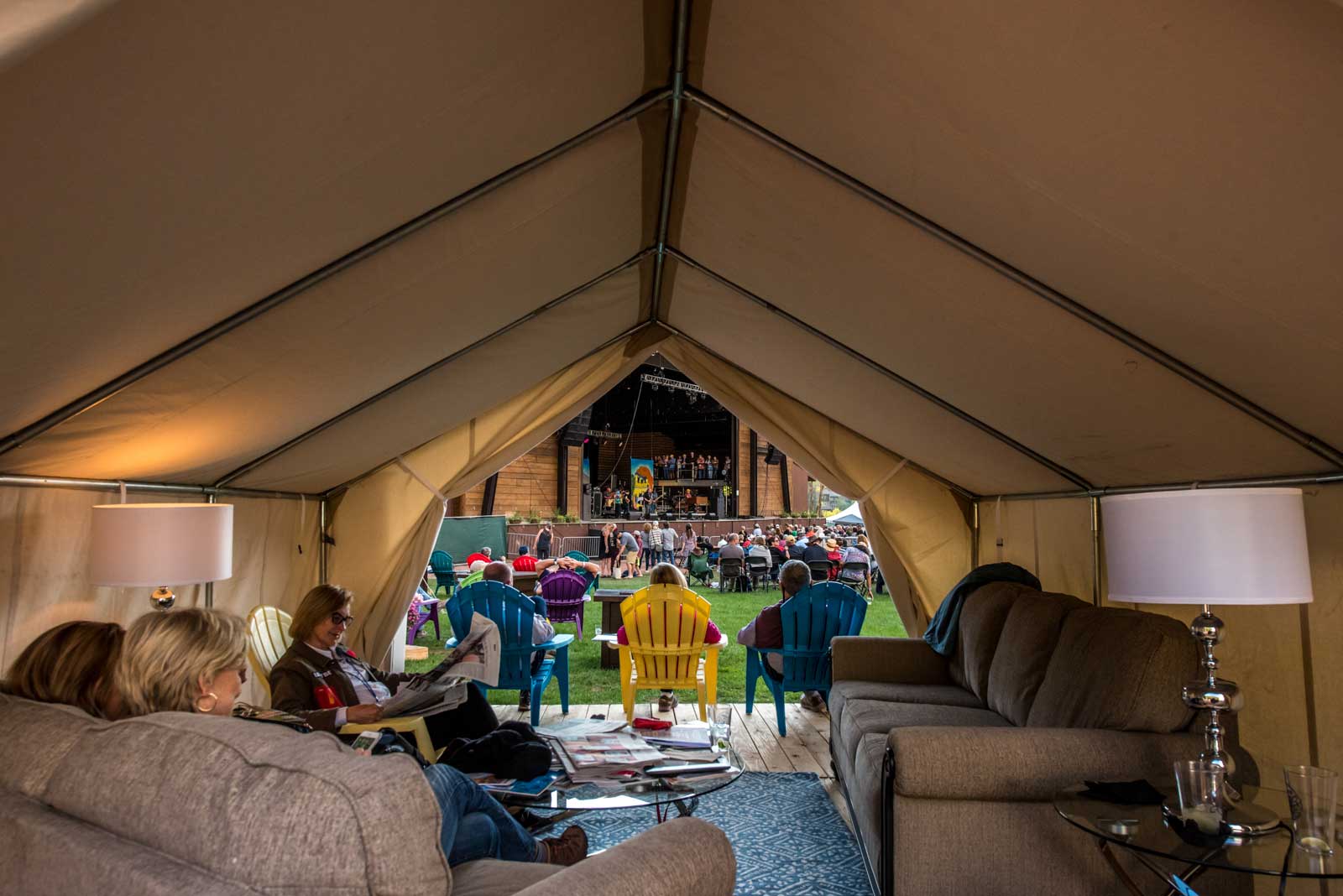  Safari Cabanas offer shelter or just a great place for your group to call "home base" during the festival. Enjoy the Main Stage entertainment from the comfort of your own Safari Tent curated with luxurious conveniences and a concierge service. 