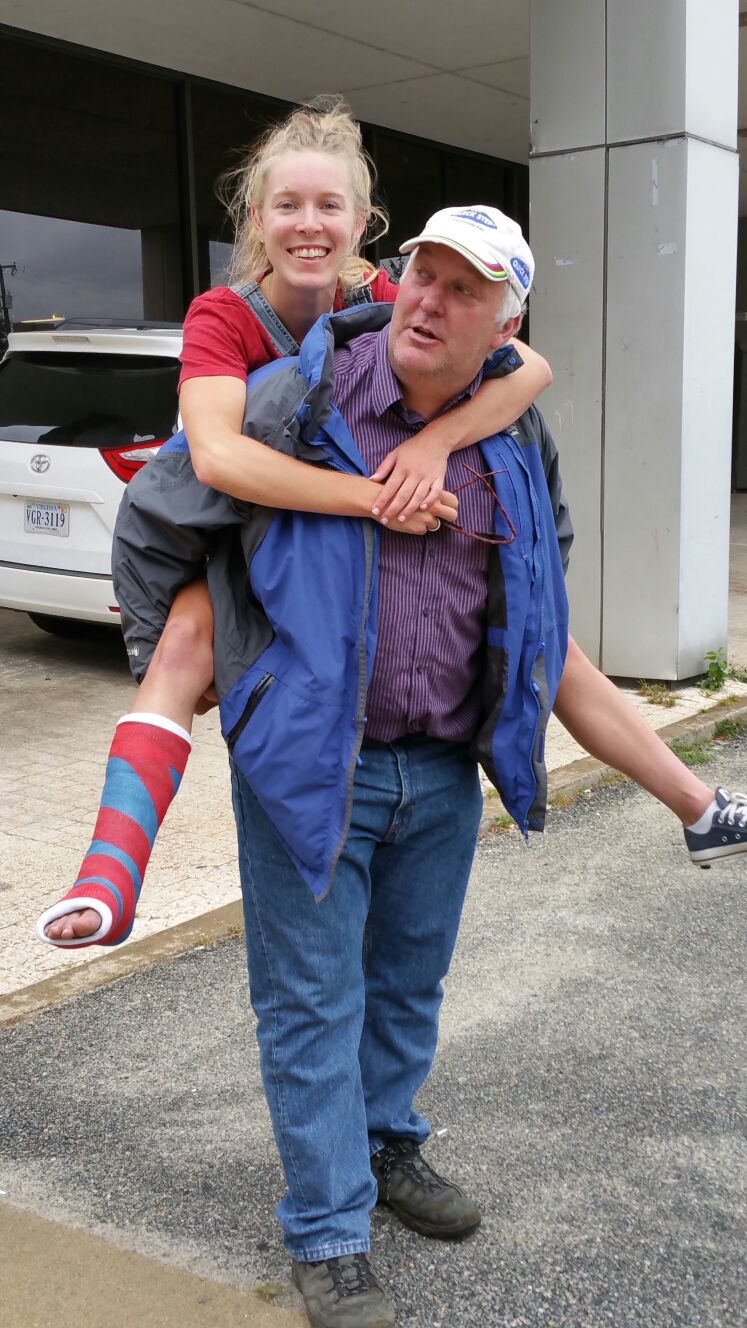 Dad giving me a piggy back after to much walking on my crutches around Richmond.