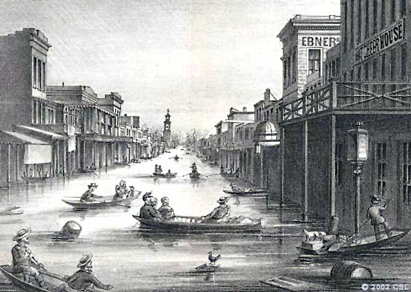 Historic rendering of the What Cheer House (far right) during the great Sacramento floods of 1862.
