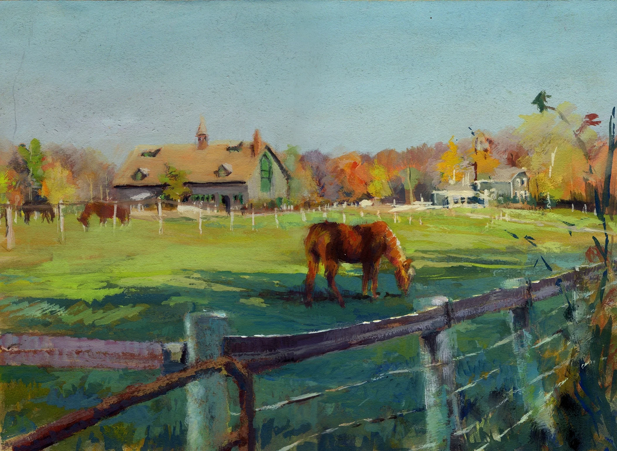    "MOUNTAIN GLEN HORSE FARM"   - Griswold Road, Chardon, OH - 15 x 11gouche on illustration paper [SOLD] 