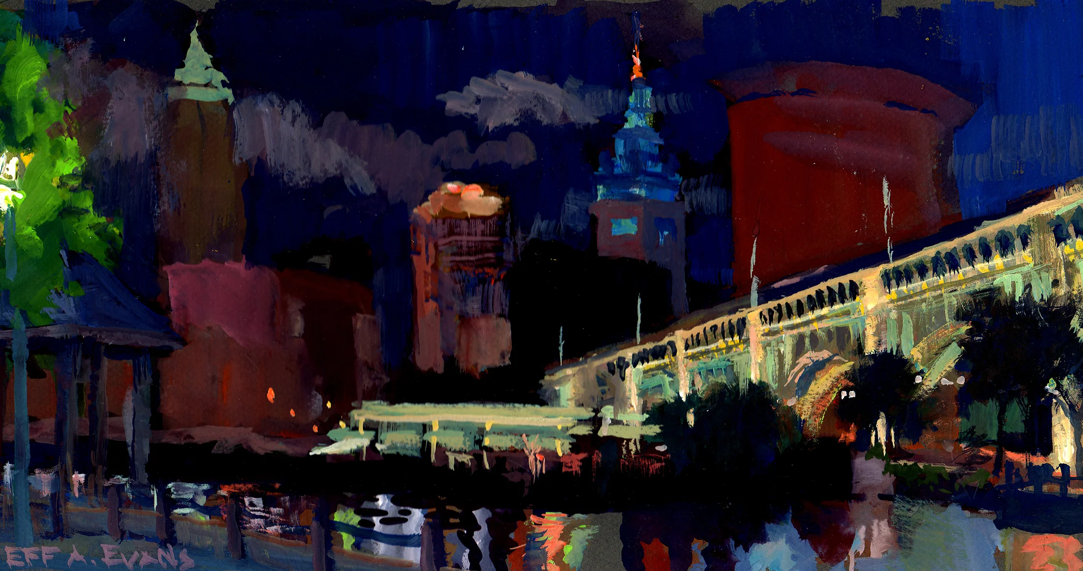   "ANGELS IN THE ARCHITECTURE"   - Detroit Road Bridge -Cleveland, OH - 16 x 8 gouche on illustration board [SOLD] 