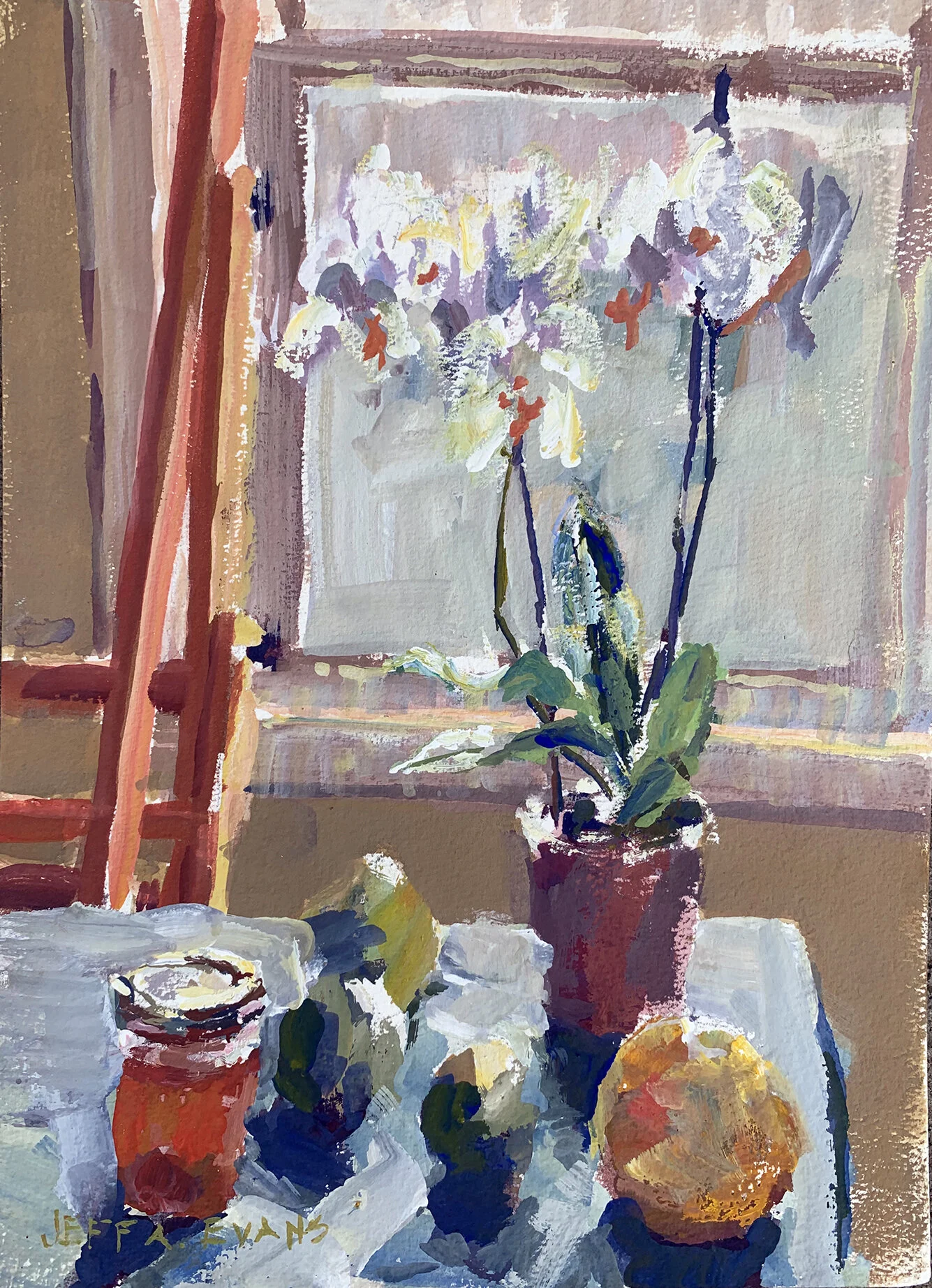    "EASEL, ORCHID, AVOCADOS, AND THINGS…”    - 9 x 12 gouche on watercolor paper, SOLD 