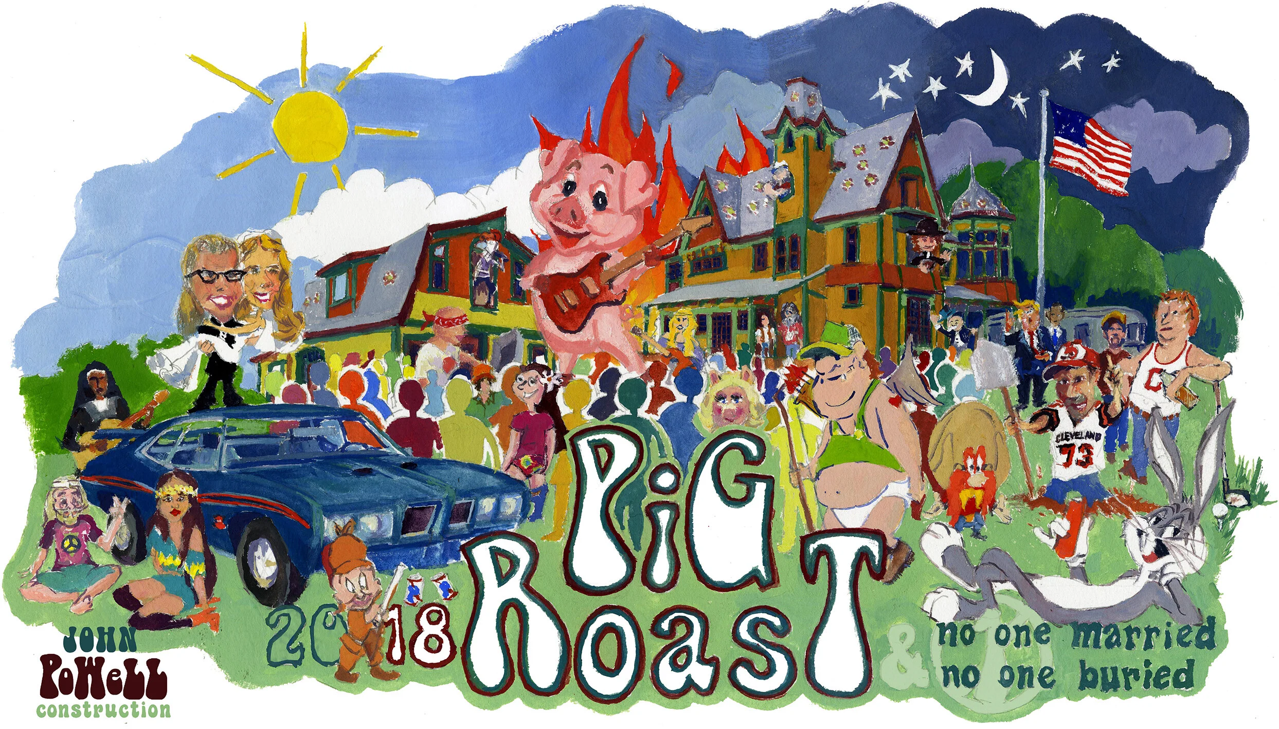    2018 T-Shirt Design - 18th Annual Powell Family Pig Roast   - “No One Married, No One Buried” -Montville, OH - design, and illustration (back of t-shirt) 