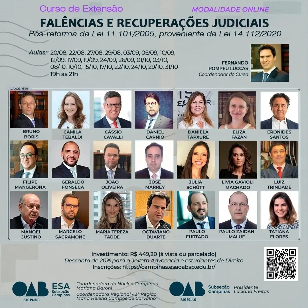 Nosso sócio-diretor, Dr. Fernando Pompeu Luccas, idealizou em 2021, o Curso de Extensão em Direito Recuperacional e Falimentar pela ESA/Campinas.