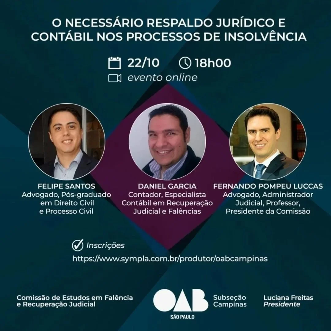 Os Drs. Felipe Santos e Daniel Garcia, com moderação do nosso sócio-diretor, Dr. Fernando Luccas, palestraram sobre o necessário respaldo jurídico e contábil nos processos de Insolvência.