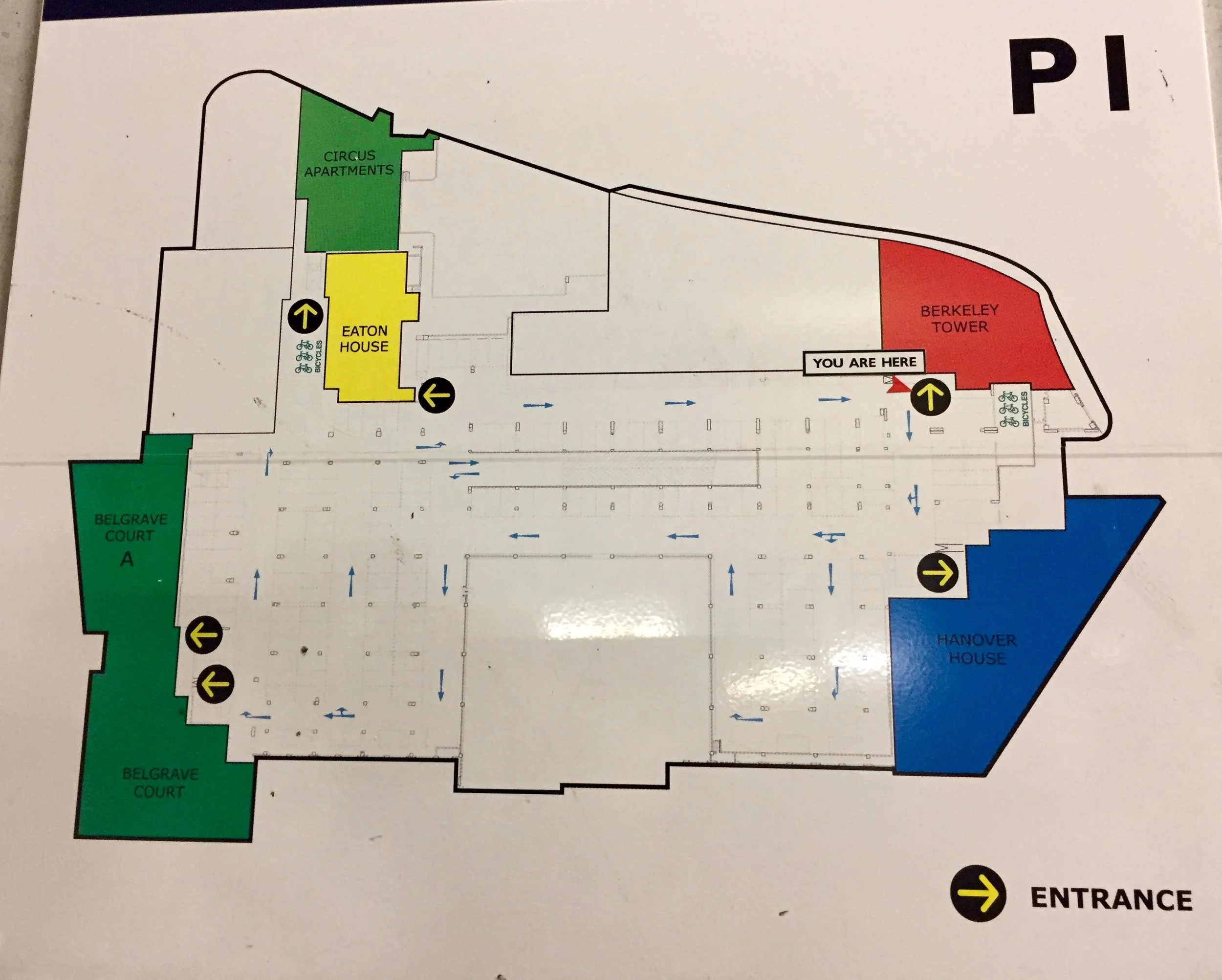 plan of car park layout SHOWING entrances to buildings. car park entrance is on the right