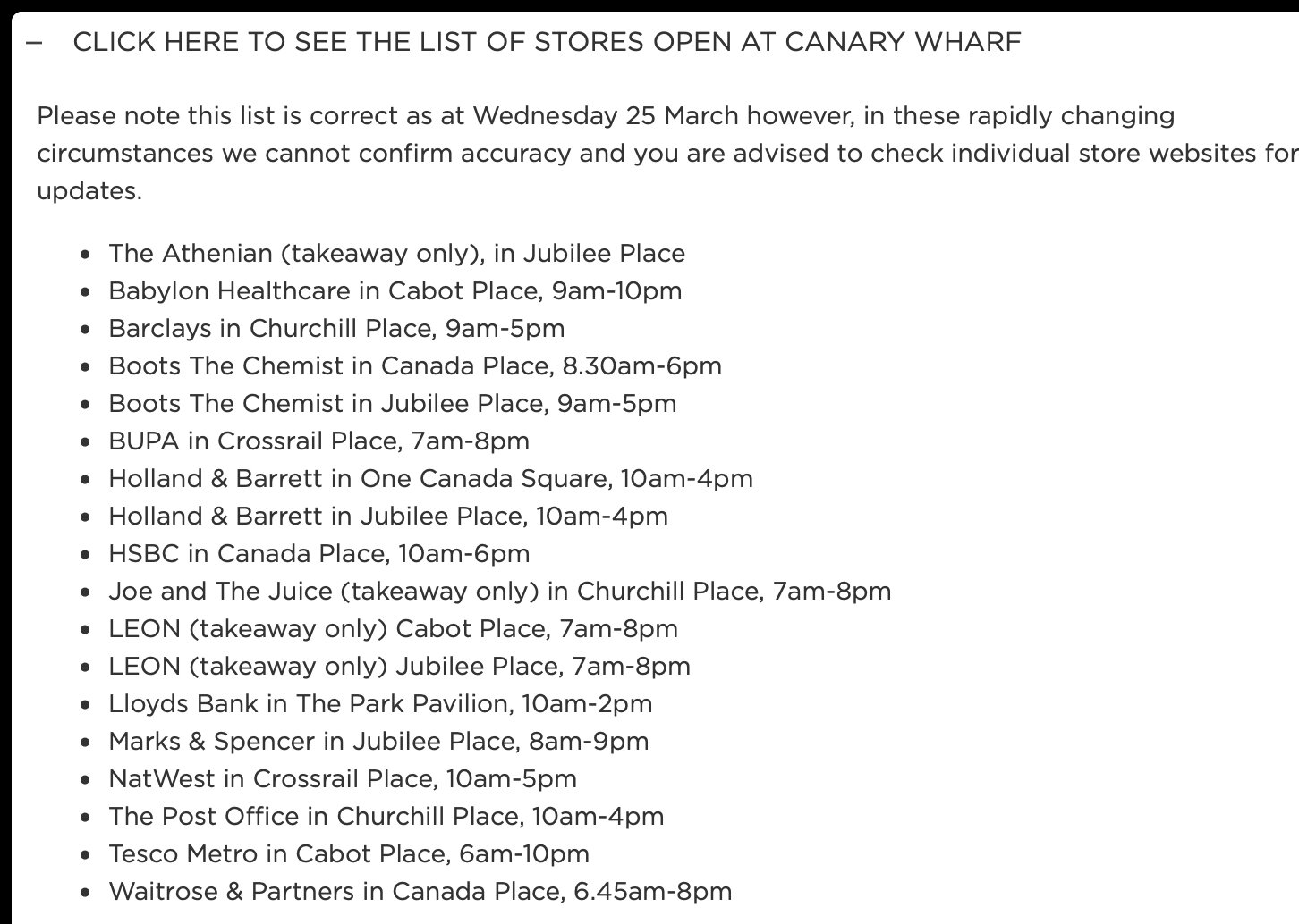 Coronavirus update: what's open in Canary Wharf
