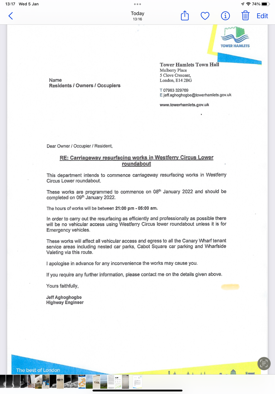 No access to Canary Riverside Car Park 21.00pm - 05.00 am 8th/9th January