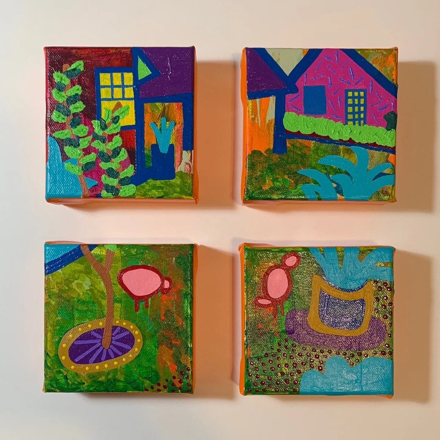   Guinea birds of Dawson,  Acrylic on canvas, four 4”x4” canvases, 2020 